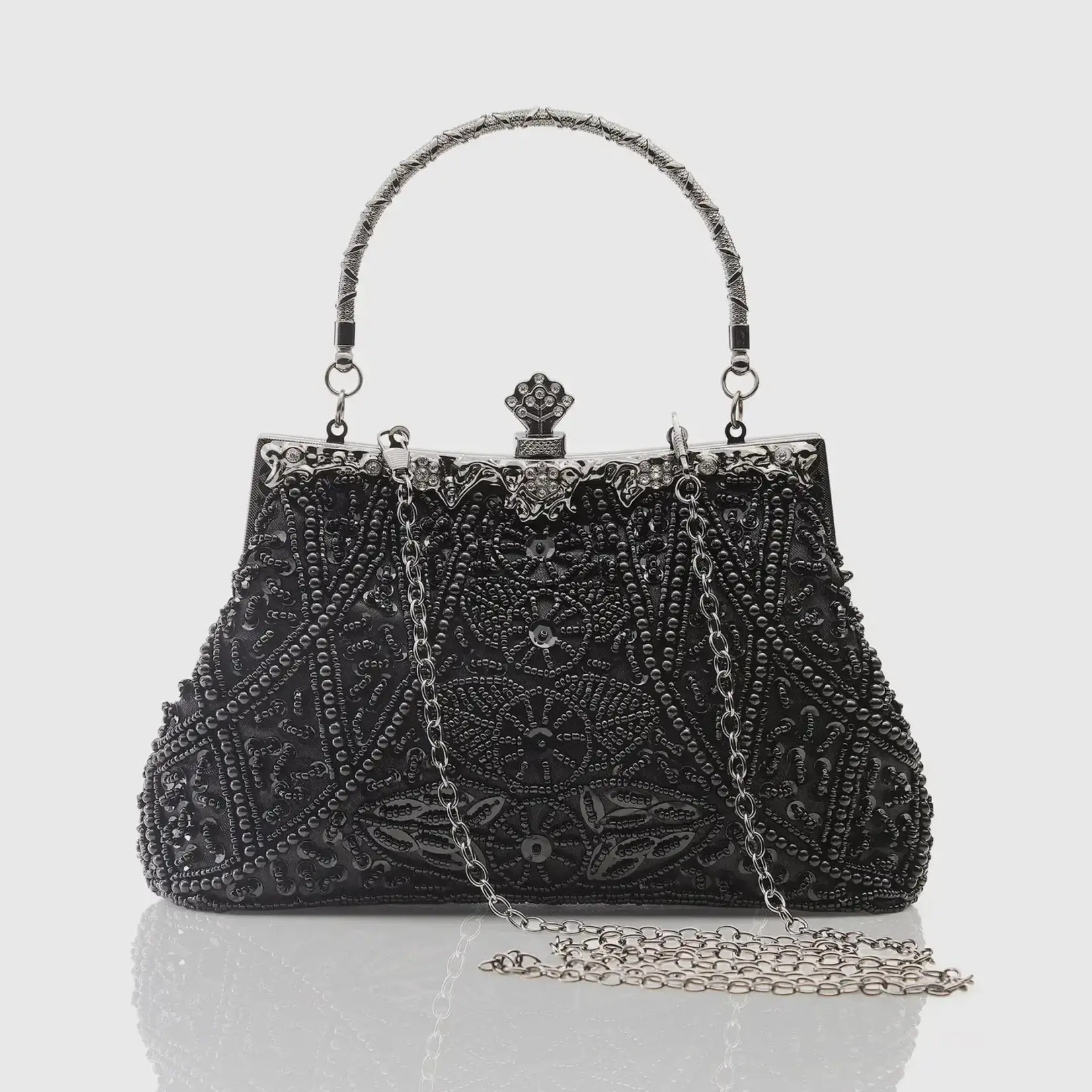 Babeyond 1920s Vintage Flapper Beaded Clutch Blk