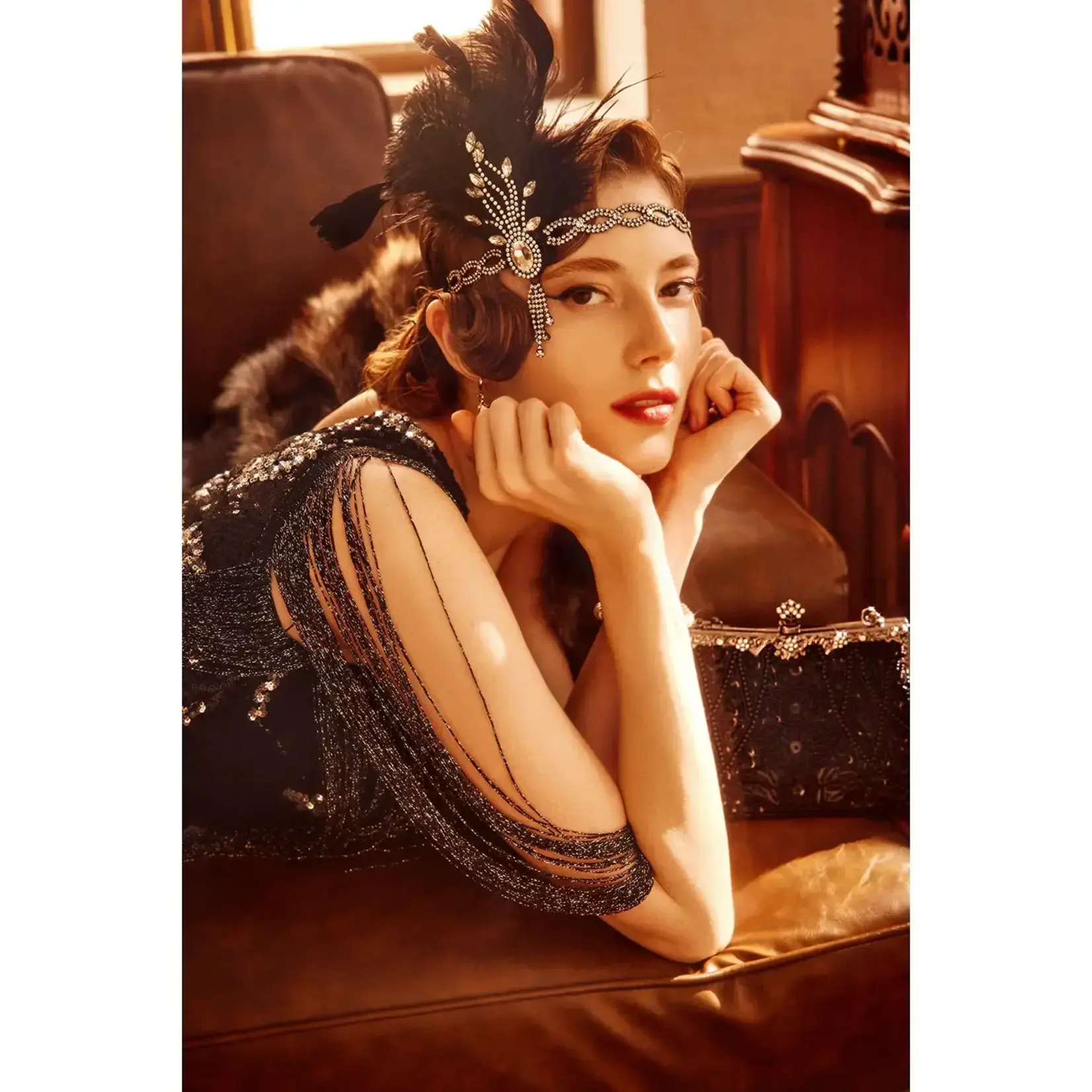 Babeyond Beaded Rhinestone Tassel Feather Headpiece Blk