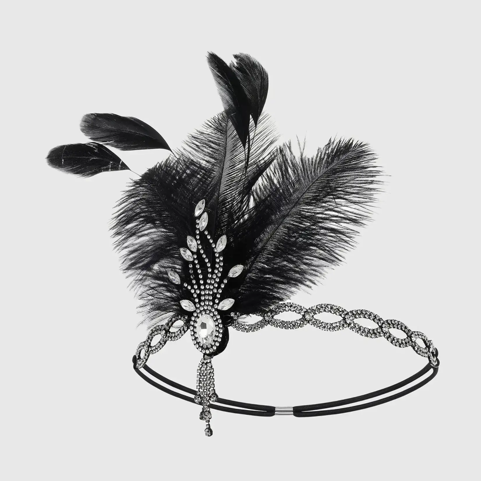 Babeyond Beaded Rhinestone Tassel Feather Headpiece Blk