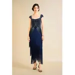 Babeyond Gradient Bead Fringe Evening Gown Navy