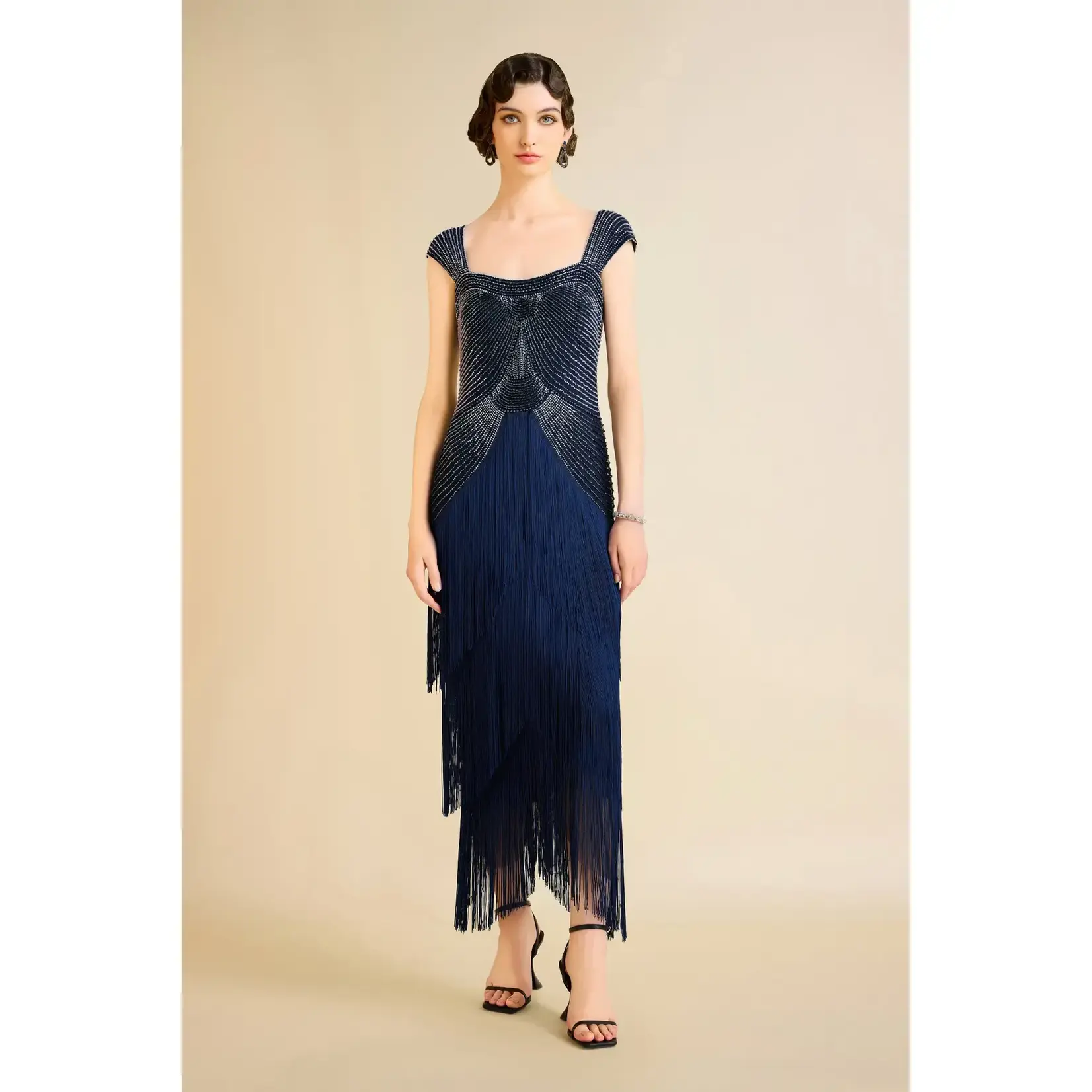 Babeyond Gradient Bead Fringe Evening Gown Navy