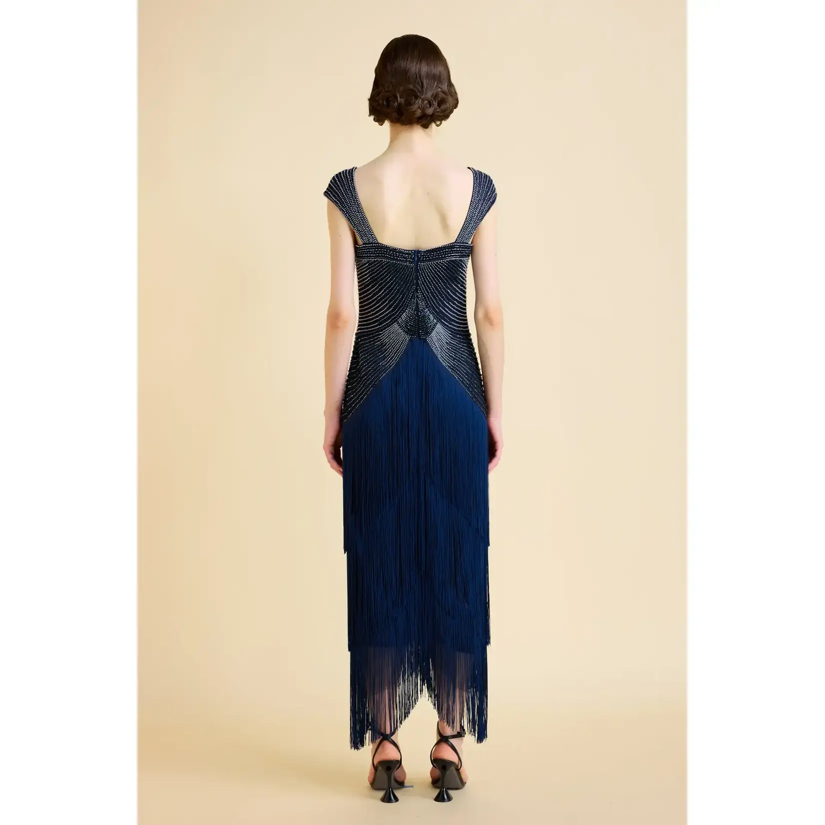 Babeyond Gradient Bead Fringe Evening Gown Navy