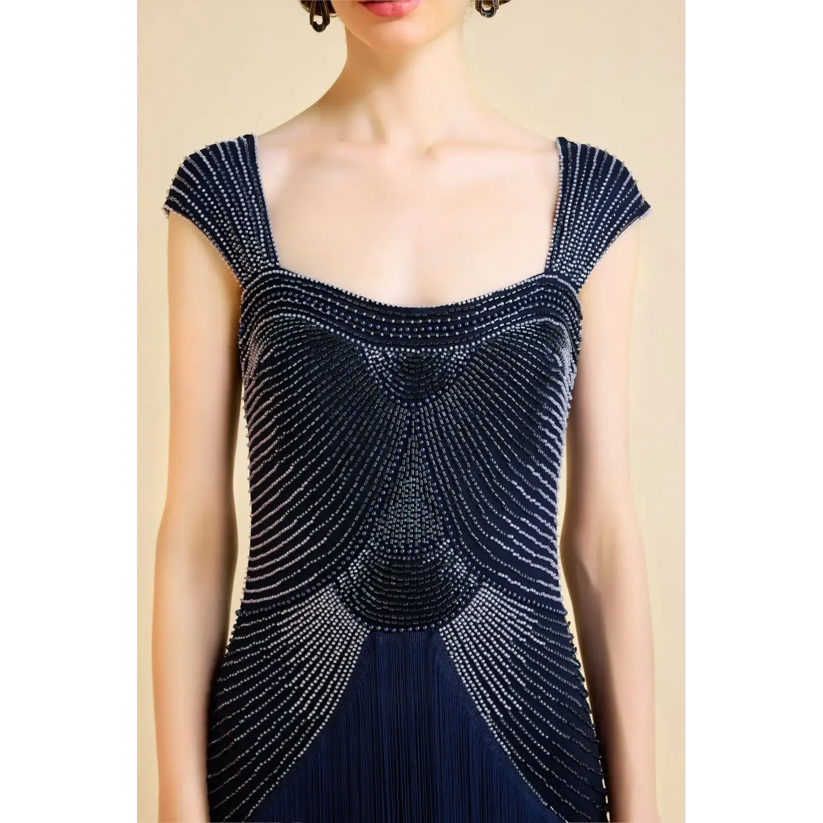 Babeyond Gradient Bead Fringe Evening Gown Navy