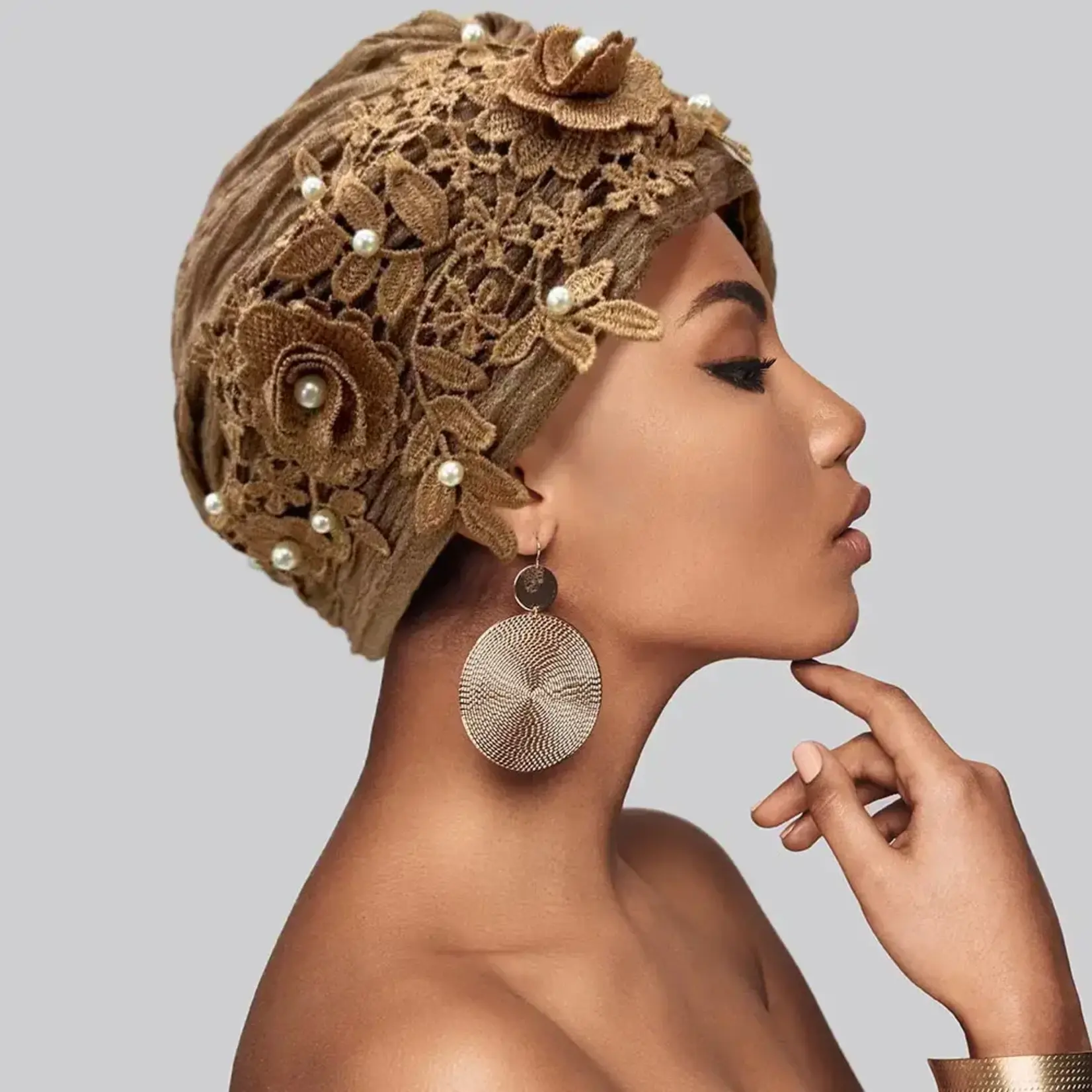 Sensibling Floral Lace Pearl Turban Hair Wrap Gold