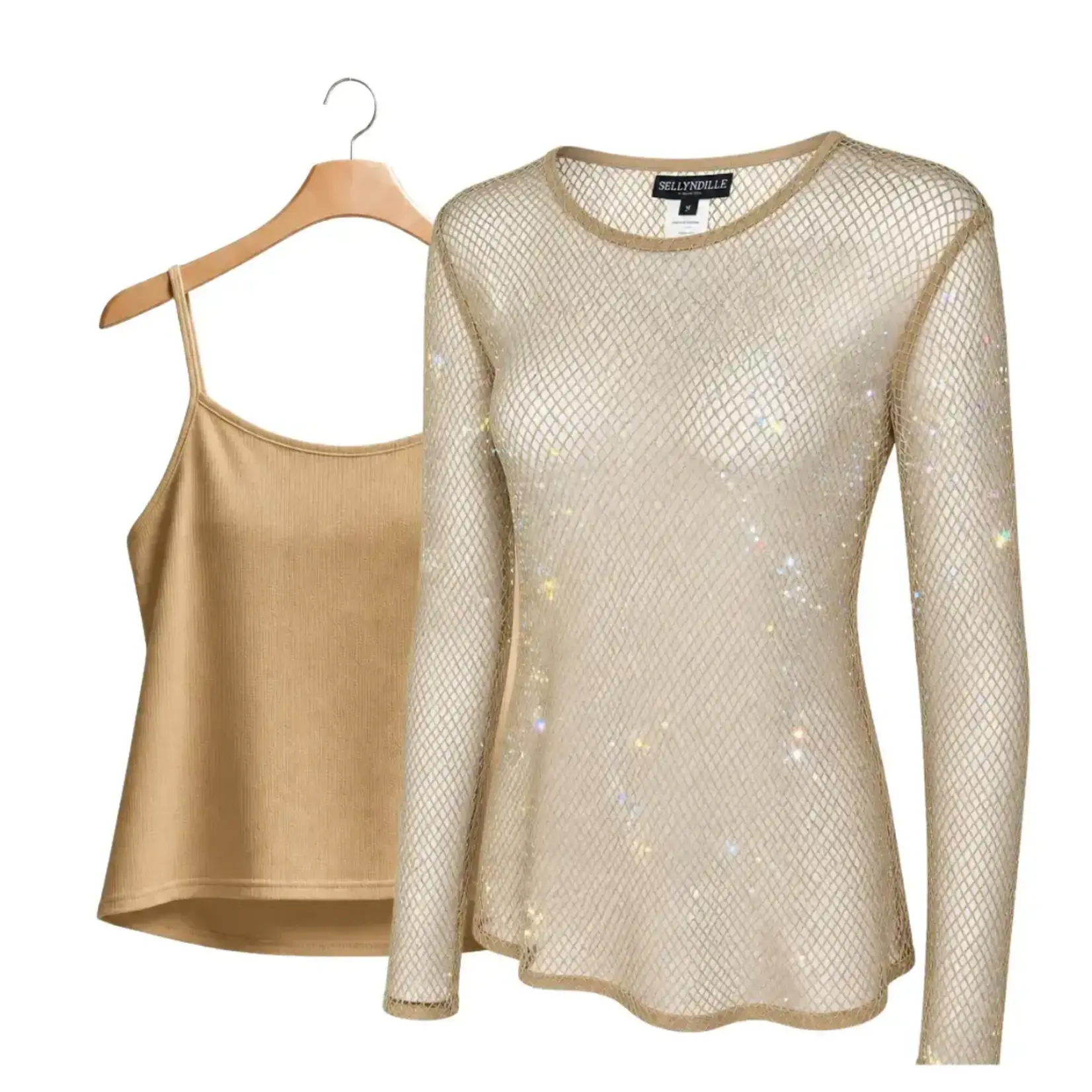 Ellyndale Diamond Mesh Long Sleeve Top with Matching Camisole (Mocha)