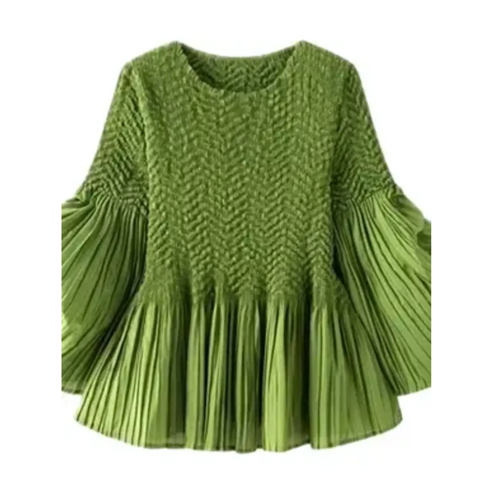 Ellyndale Pleated Top w/Flared Sleeves & Sweep Green OS