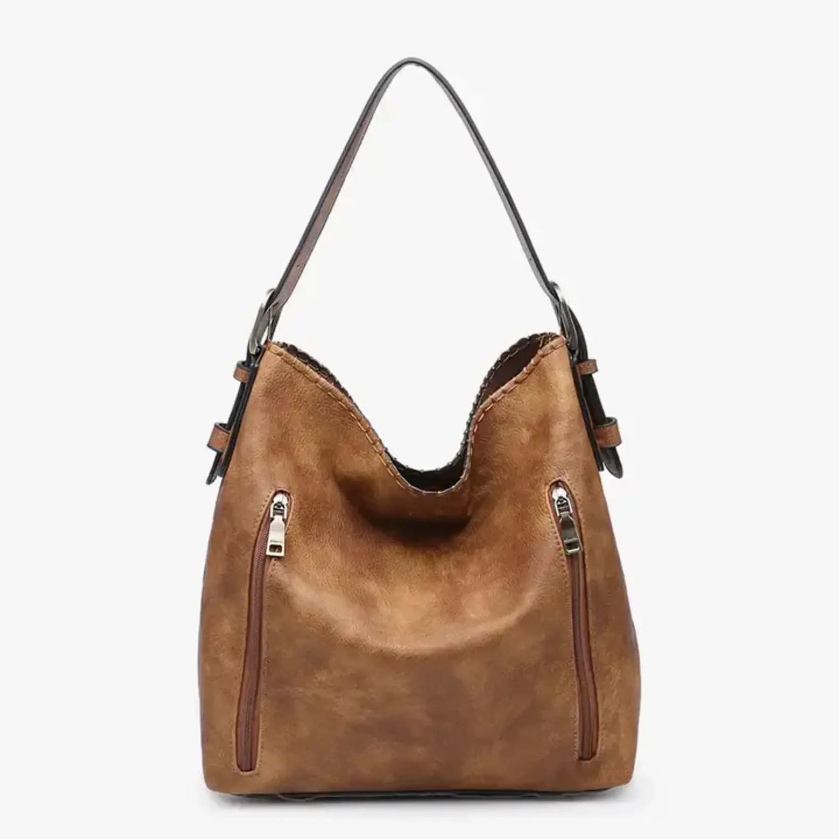 Jen & Co Alexa Vegan Hobo Bag in a Bag w/2SideZipprSnapCls Distressed Brown