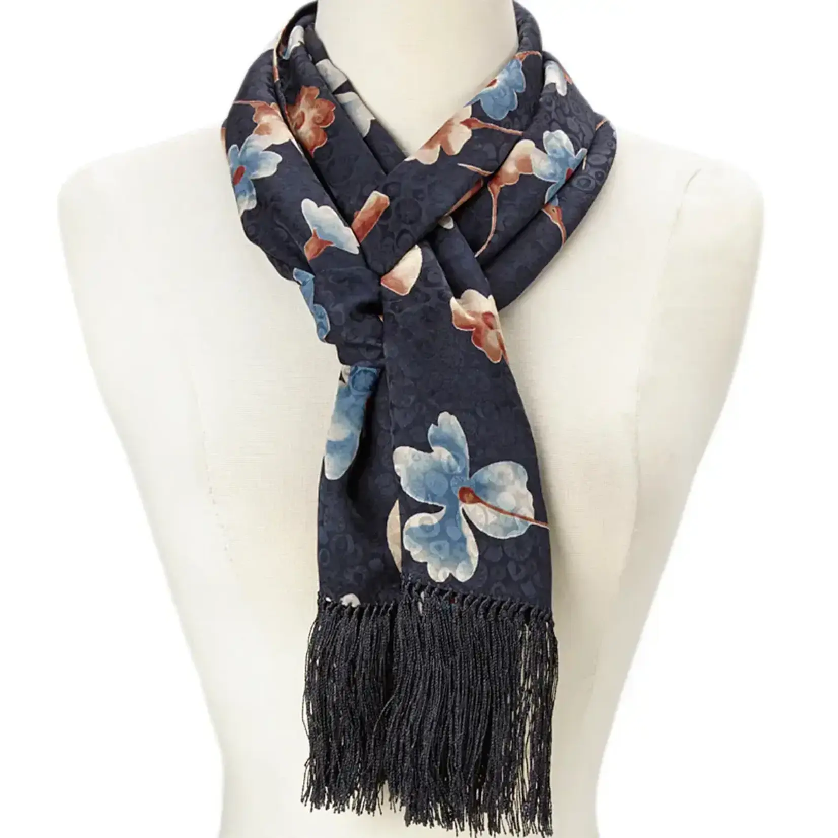 Silk Fringed Blue Floral Scarf