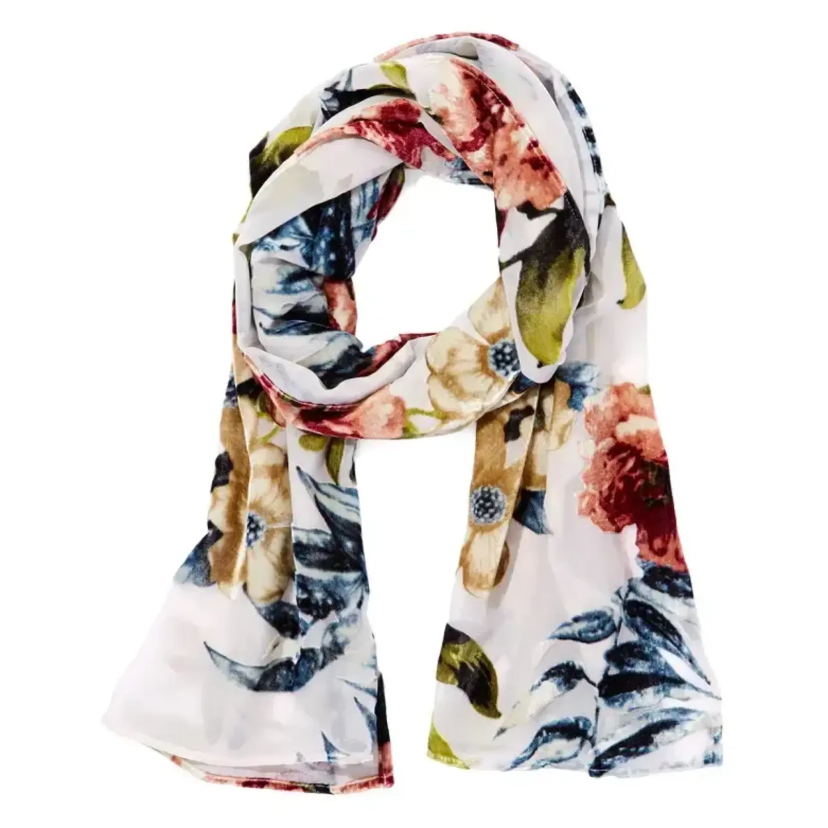 Silk & Velvet Floral on White Scarf