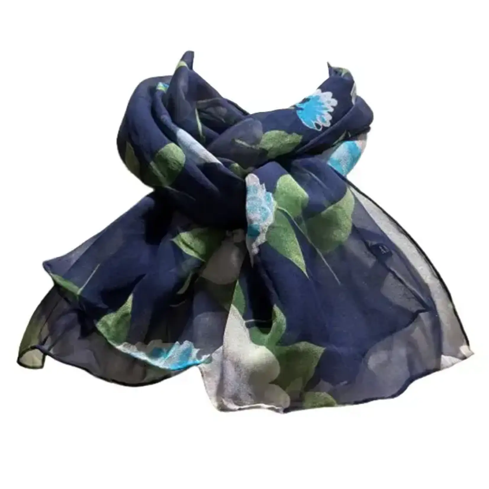 Floral Print on Navy Silk Chiffon Scarf