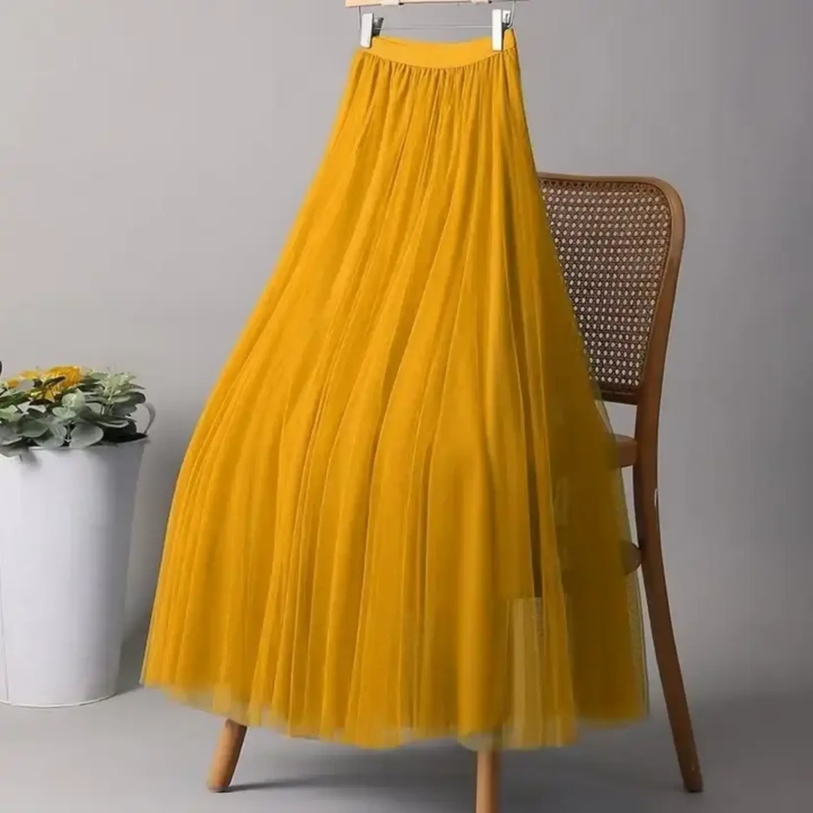 Solid Color Elastic-Waist Tulle A-Line Skirt Turmeric
