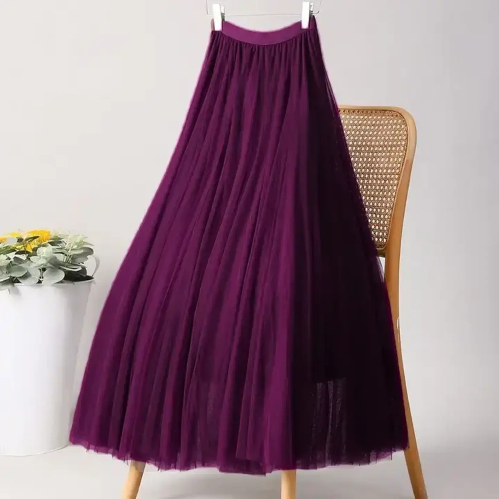 Solid Color Elastic-Waist Tulle A-Line Skirt Dk Wine Purple