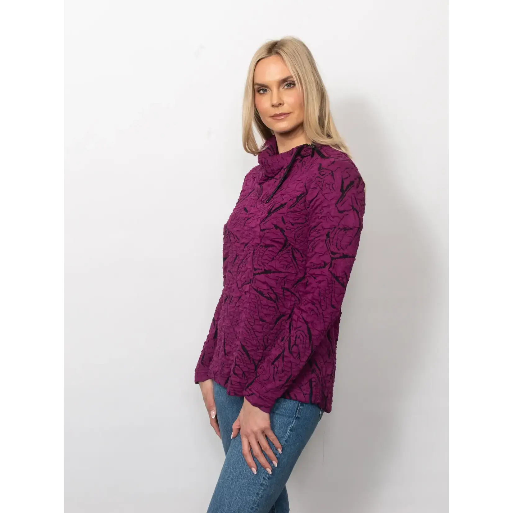 Blister Knit Asymmetrical Zip Collar In Mulberry