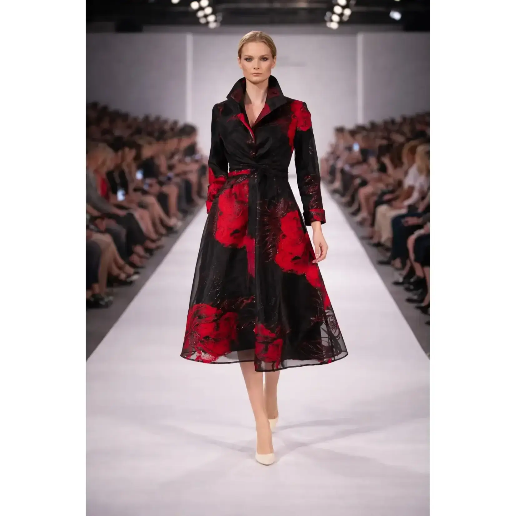 Samuel Dong Jacquard Twist Front Tie Coat/Dress Floral Blk/Red