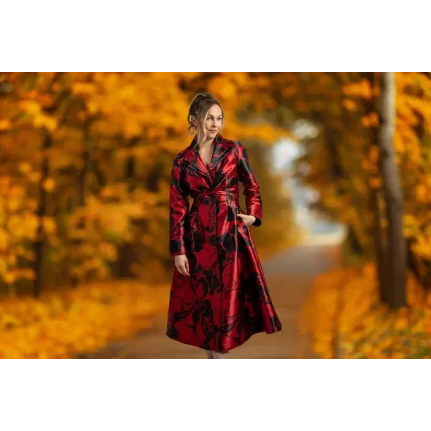 Samuel Dong Jacquard Twist Front Tie Coat/Dress in  Red/Black