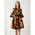 Samuel Dong Brocade Bell Cuff A-Line Dress w/Belt Blk/Org/Gld