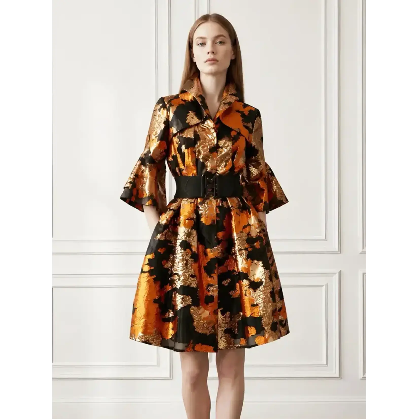 Samuel Dong Brocade Bell Cuff A-Line Dress w/Belt Blk/Org/Gld