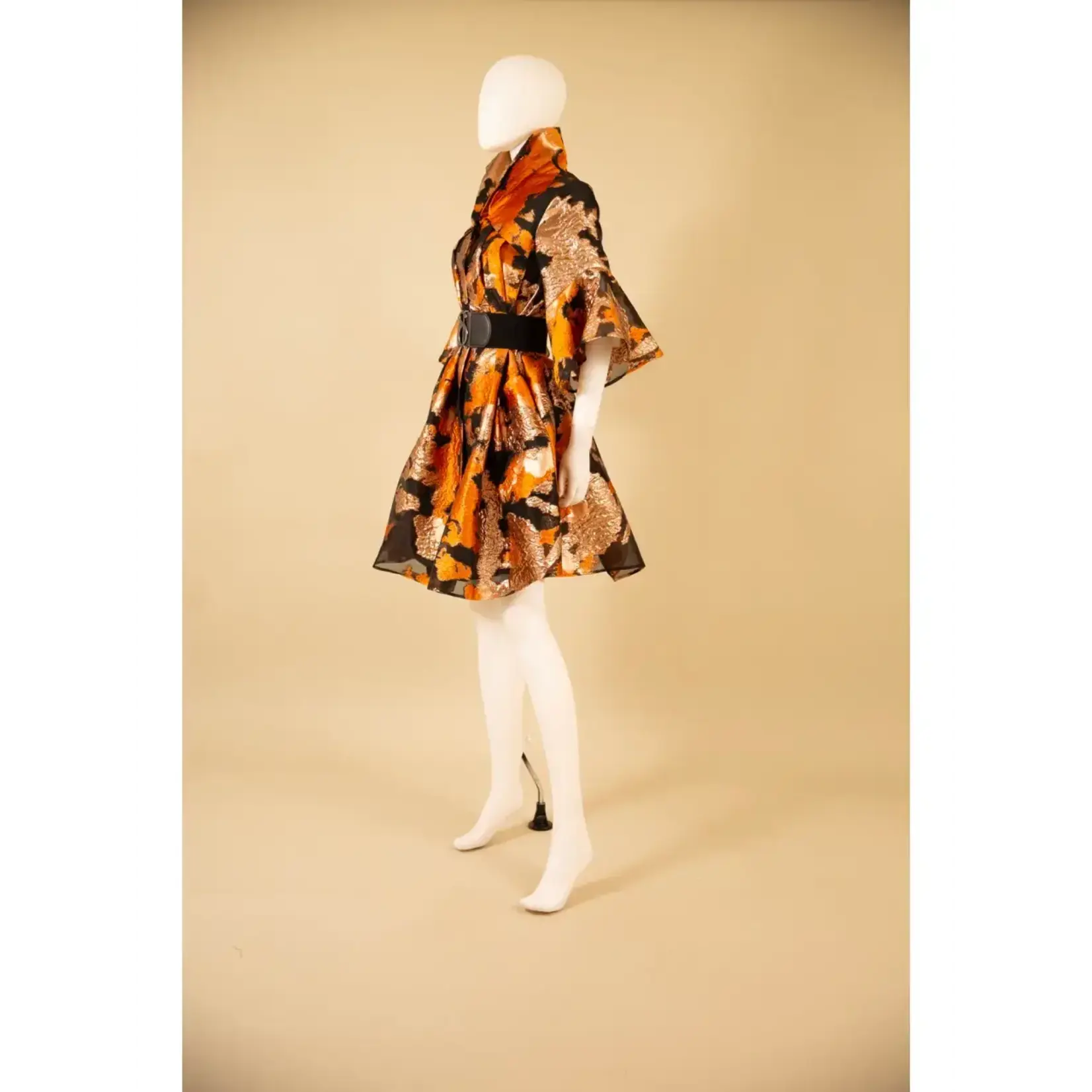 Samuel Dong Brocade Bell Cuff A-Line Dress w/Belt Blk/Org/Gld