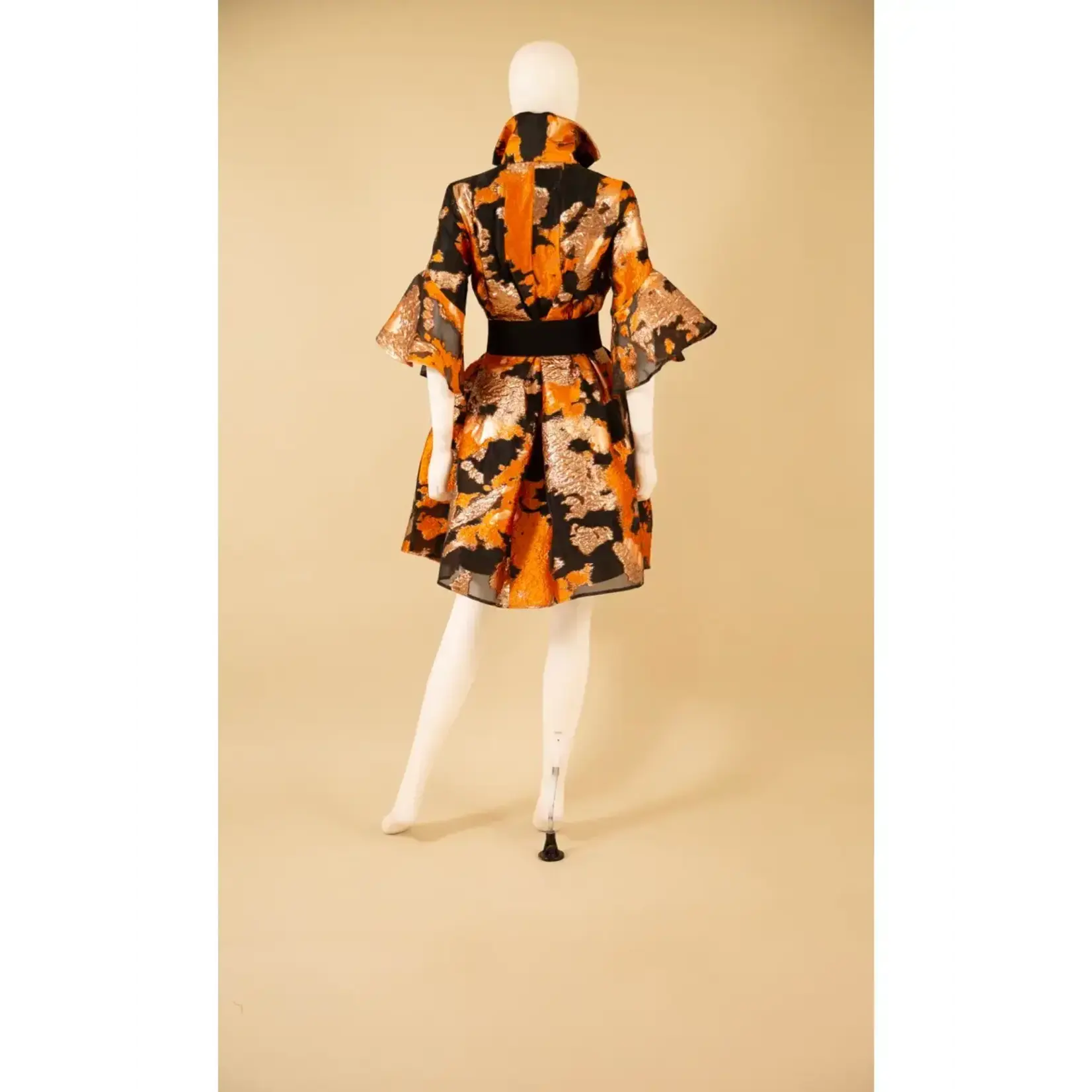 Samuel Dong Brocade Bell Cuff A-Line Dress w/Belt Blk/Org/Gld