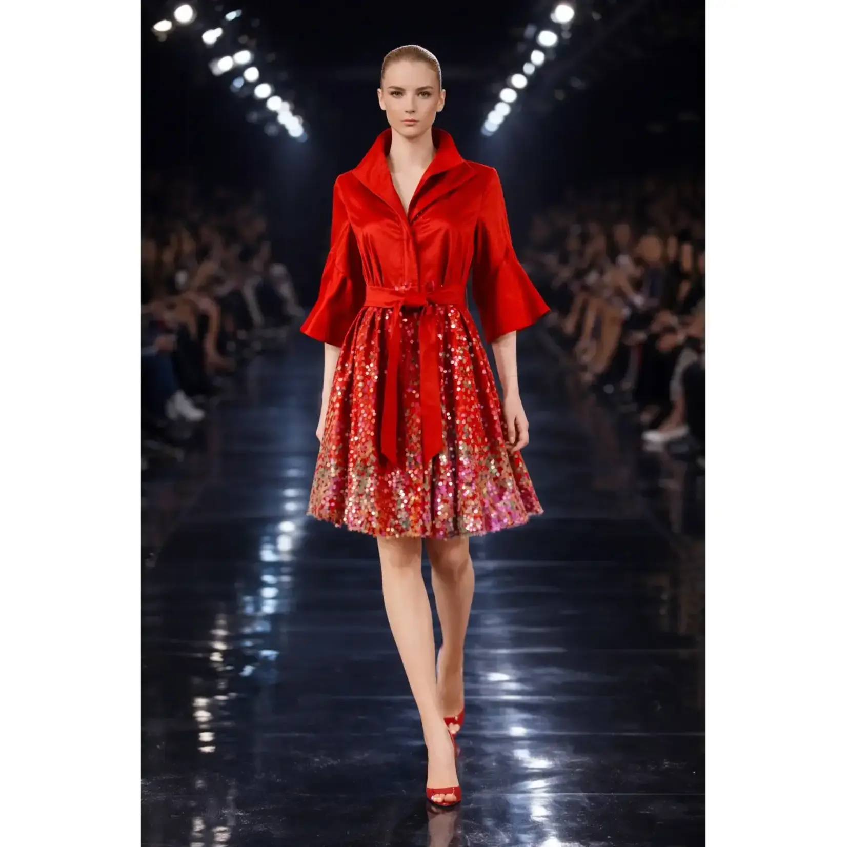 Samuel Dong Stretch Duppioni Sequin Bubble Dress Dbl Clr RustyRed