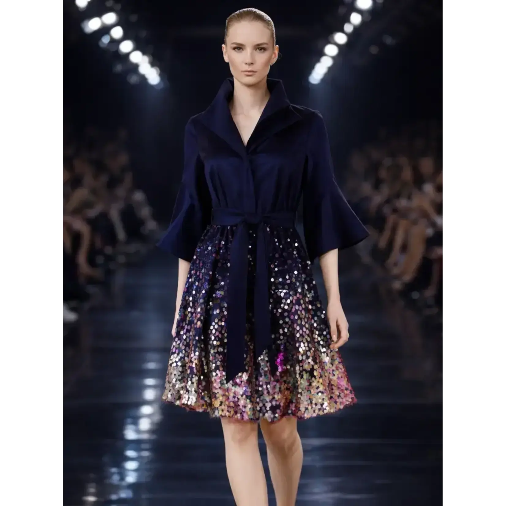 Samuel Dong Stretch Duppioni Sequin Bubble Dress Dbl Clr Midnight