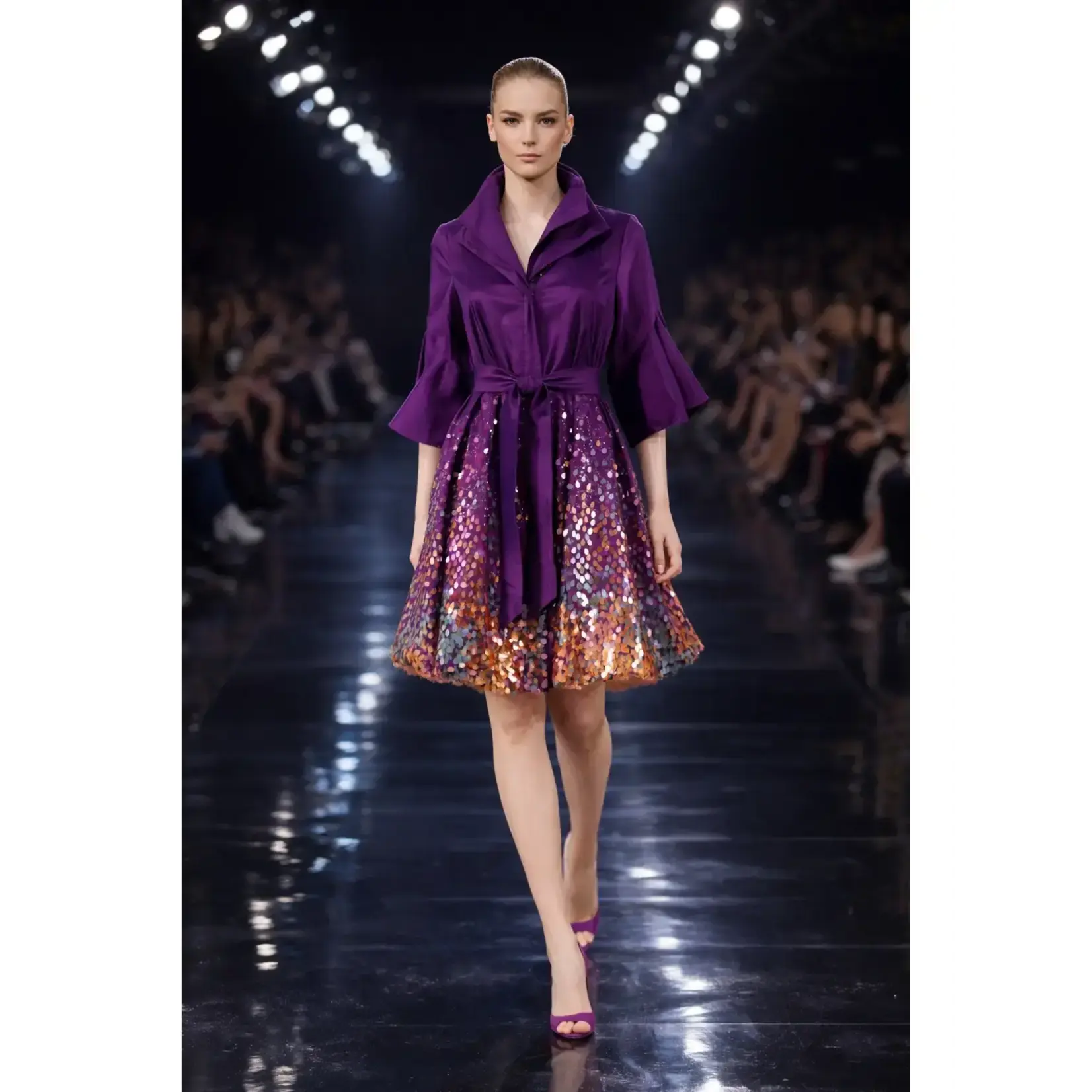 Samuel Dong Stretch Duppioni Sequin Bubble Dress Dbl Clr Violet