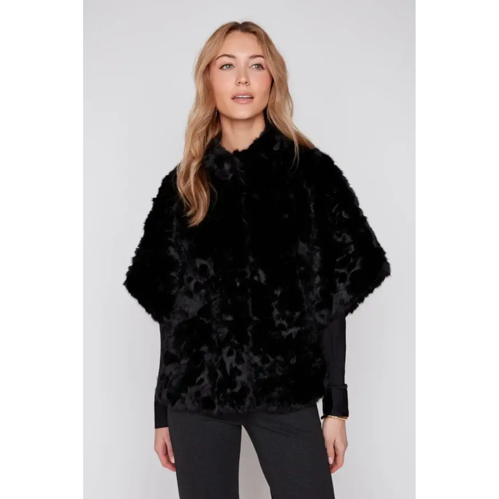 Ruched Faux Fur Poncho w/Hidden Buttons Blk