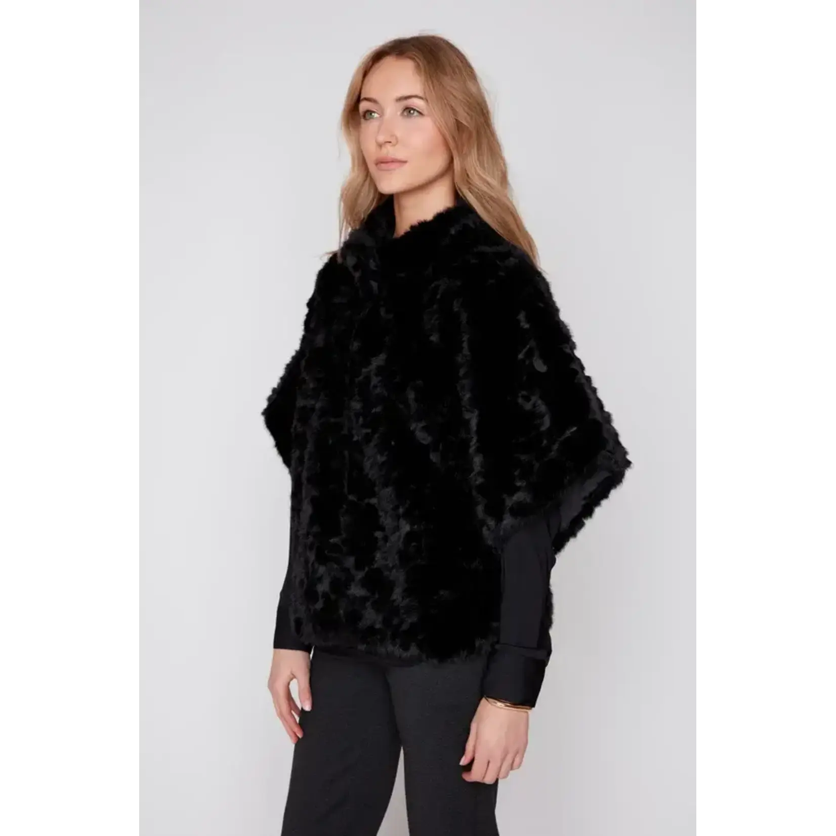 Ruched Faux Fur Poncho w/Hidden Buttons Blk