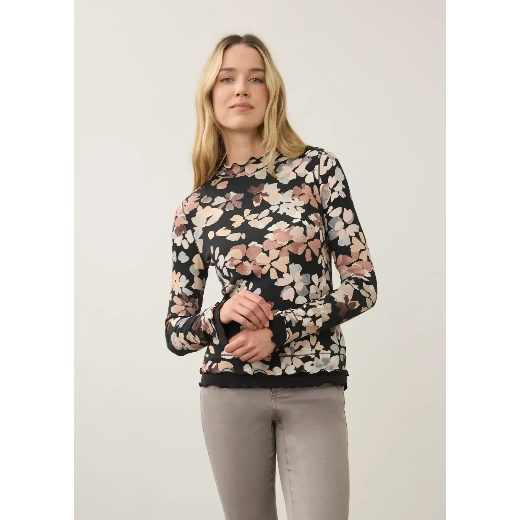 FDJ Mock Neck Ruffle Trim Top in Neutral Floral