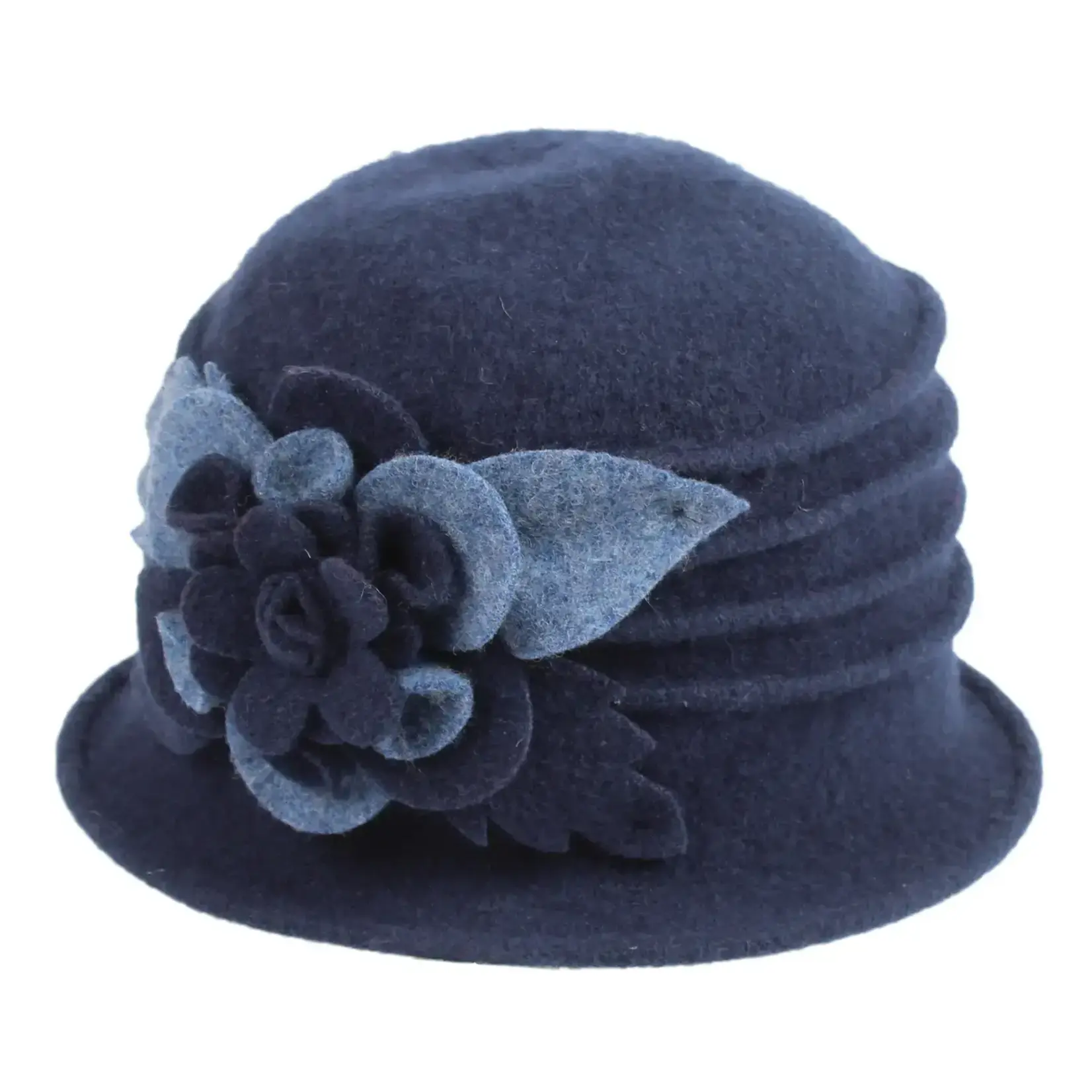 Jeanne Simmons Boiled Wool Bucket Hat w/Contrast Layered Flower Navy