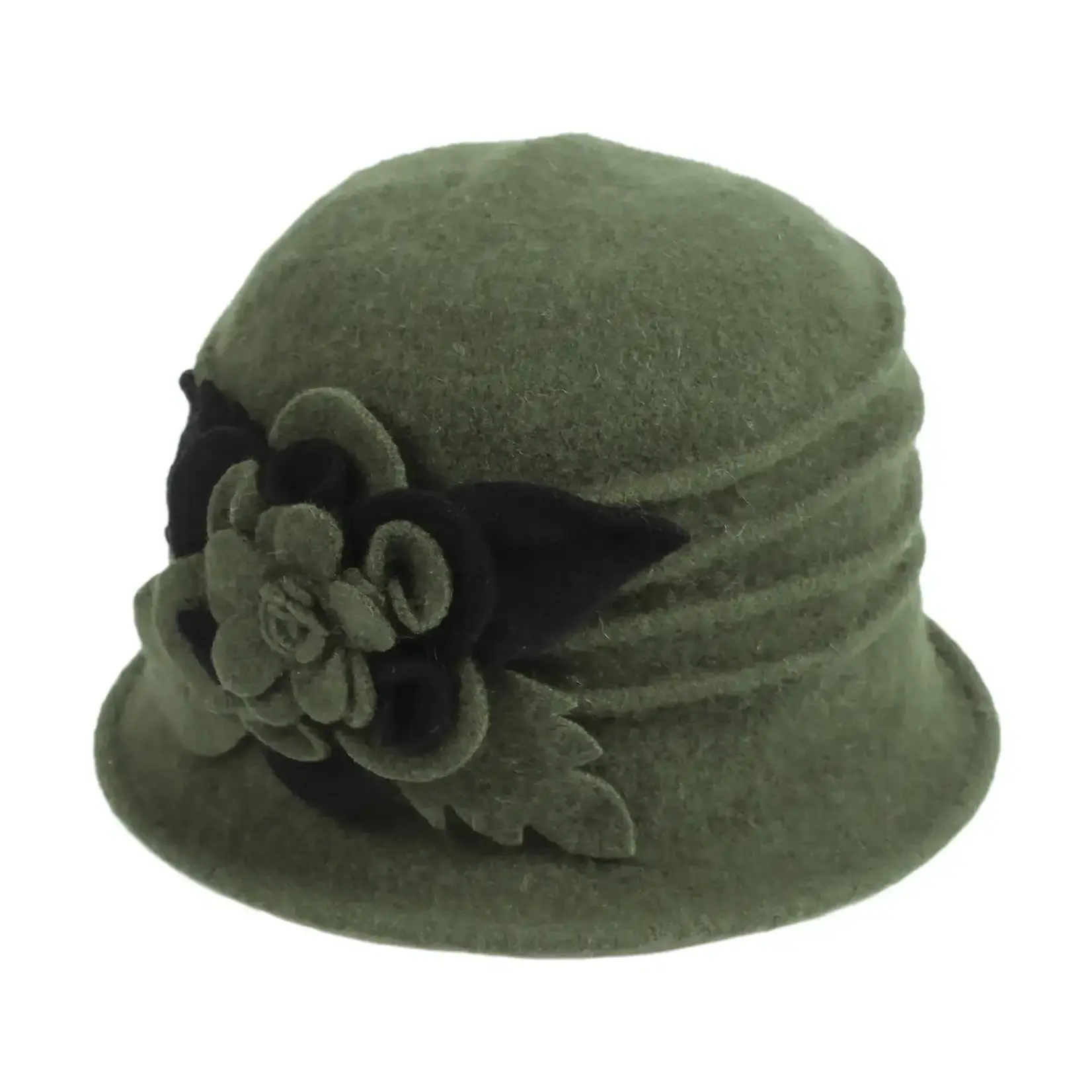 Jeanne Simmons Boiled Wool Bucket Hat w/Contrast Layered Flower Olive