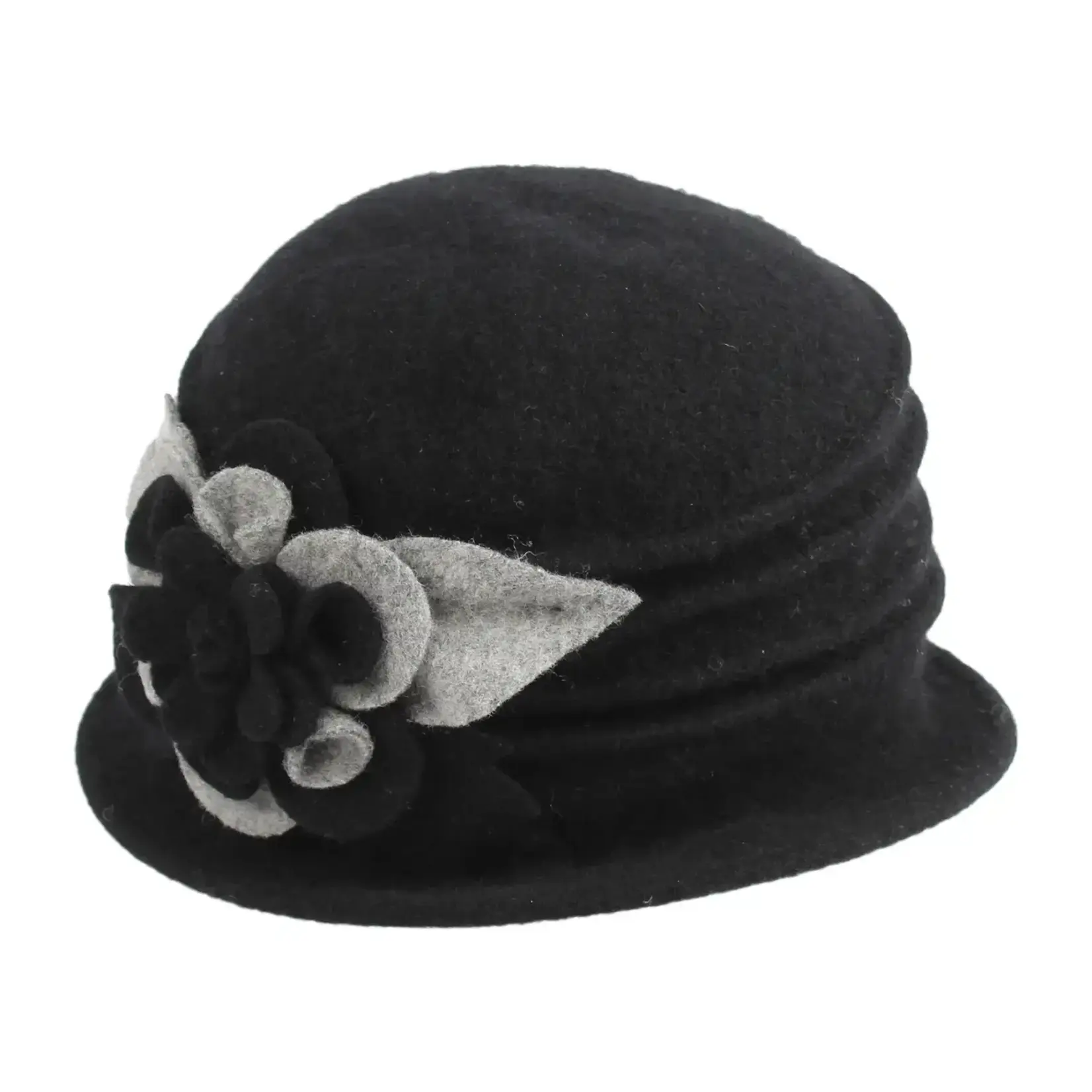 Jeanne Simmons Boiled Wool Bucket Hat w/Contrast Layered Flower Black