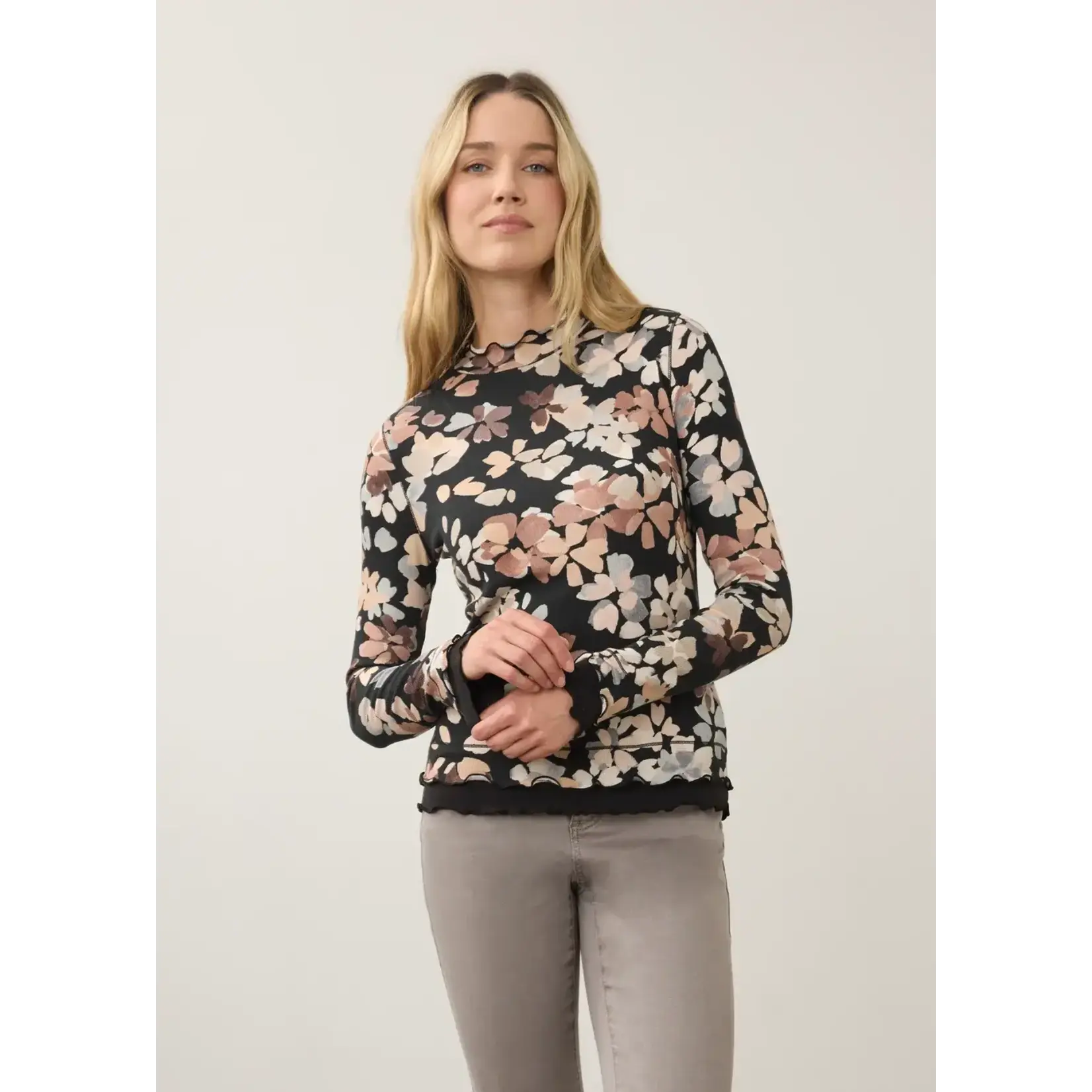 FDJ Mock Neck Ruffle Trim Top in Neutral Floral
