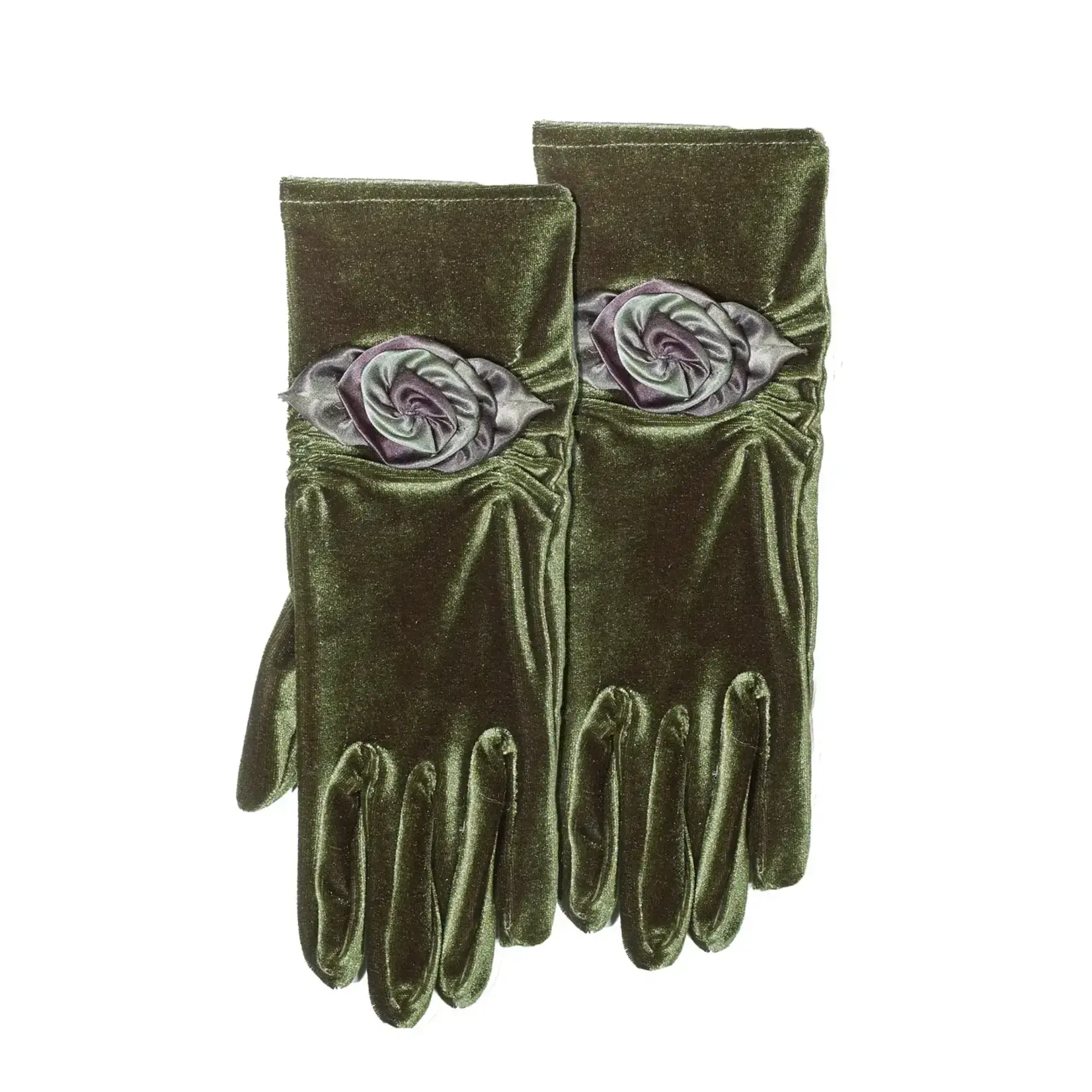 Olive Velvet Gloves w/Rosette