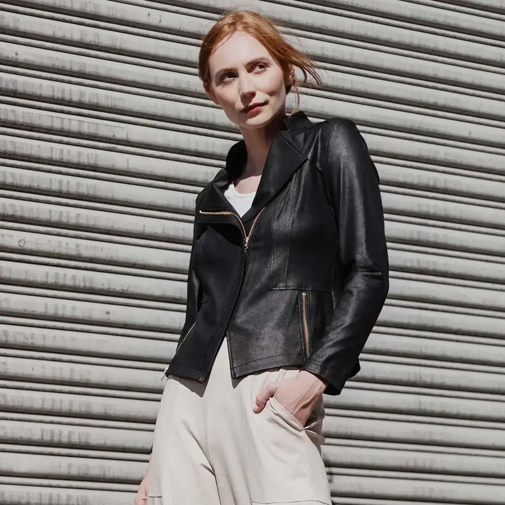 Clara Sunwoo Classic Liquid Leather Knit Jacket with Hem Zip Details in Black
