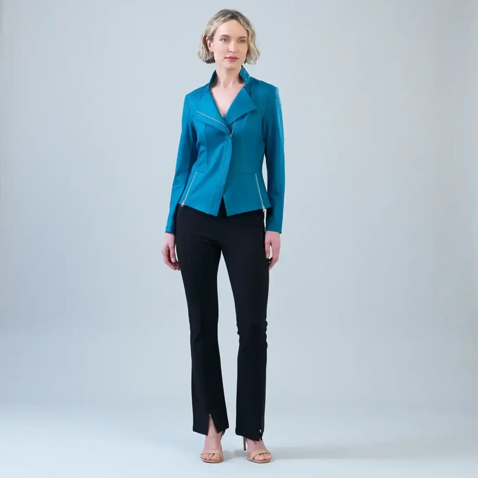 Clara Sunwoo Classic Liquid Leather Knit Jacket with Hem Zip Details in Teal