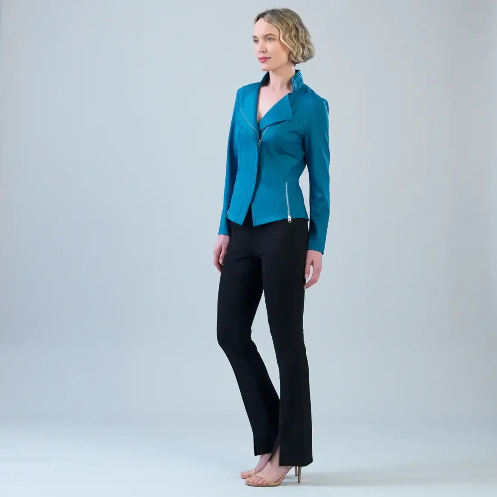 Clara Sunwoo Classic Liquid Leather Knit Jacket with Hem Zip Details in Teal