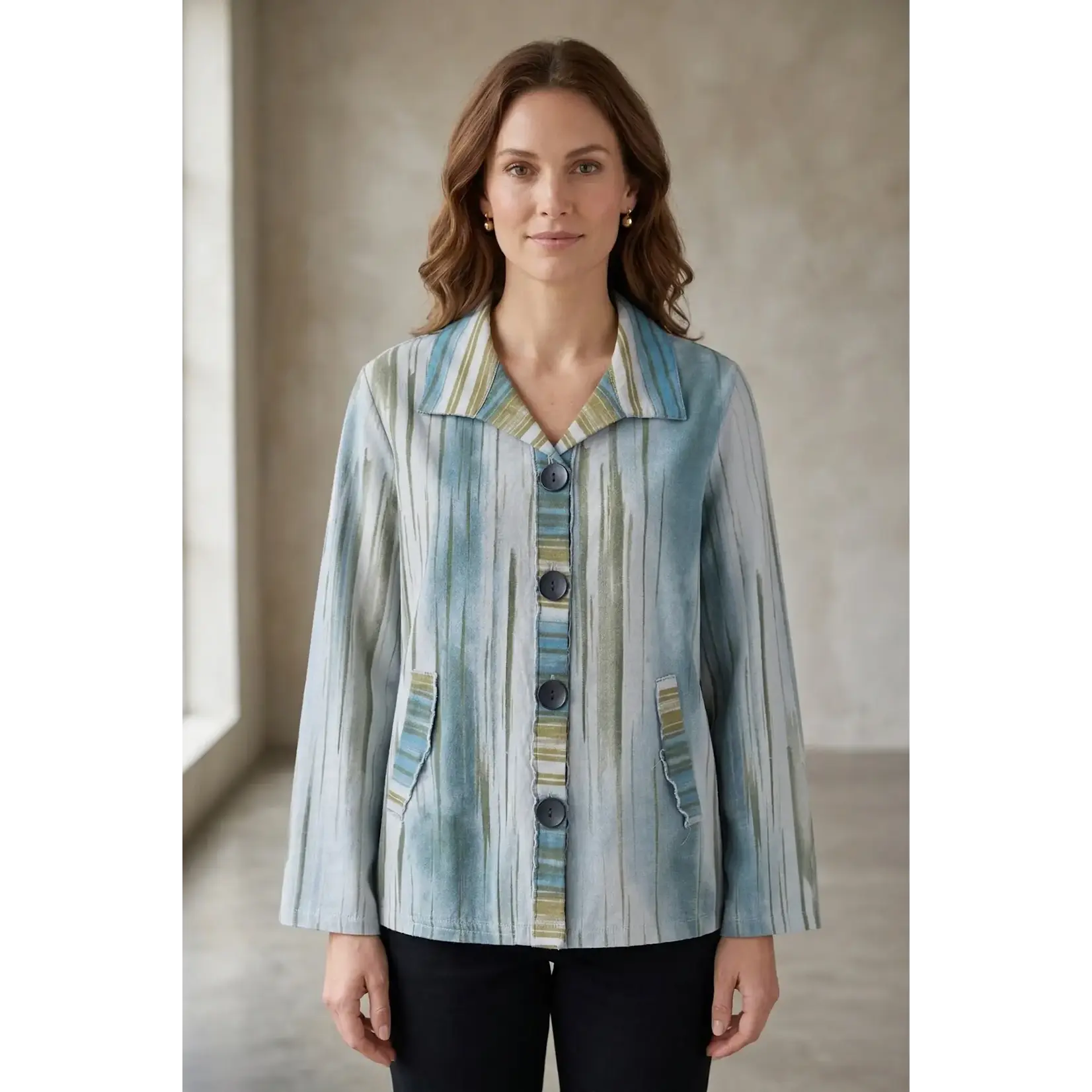 Wild Palms Inspired Inc L/S Distressed Stripe Blouse Grey/River/Olive