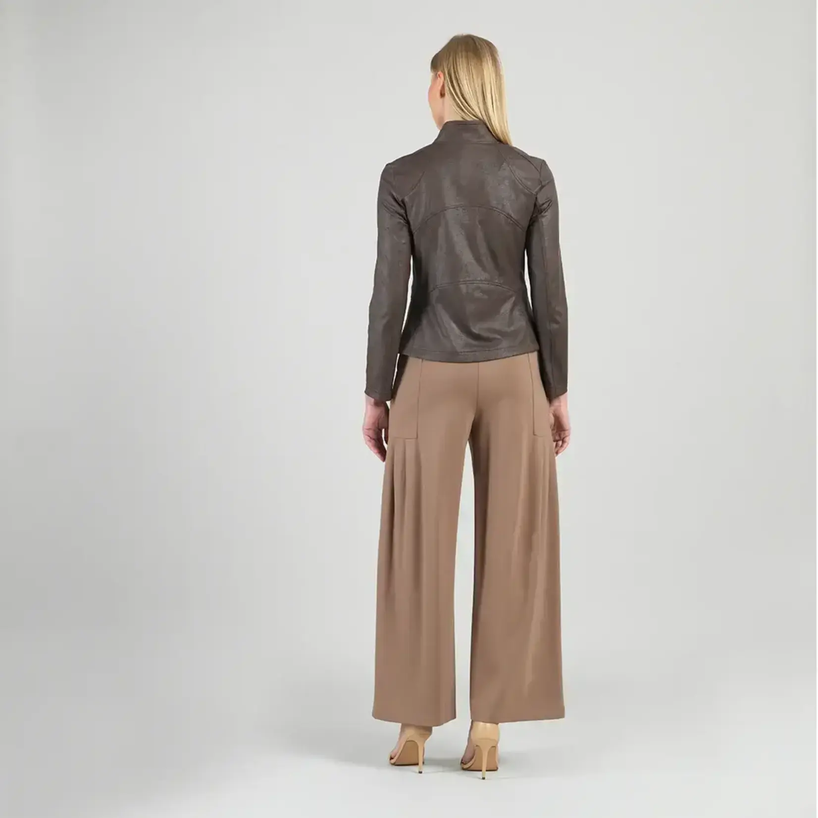 Clara Sunwoo Classic Liquid Leather Knit Jacket with Hem Zip Details in Brown