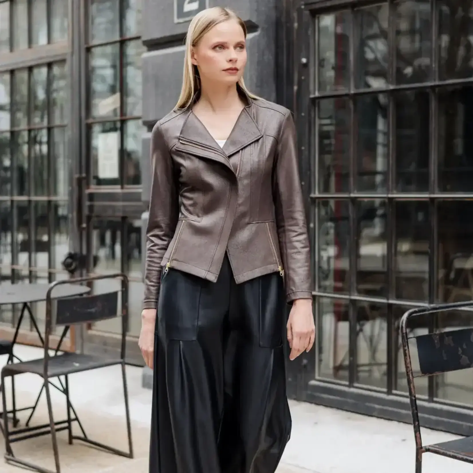 Clara Sunwoo Classic Liquid Leather Knit Jacket with Hem Zip Details in Brown
