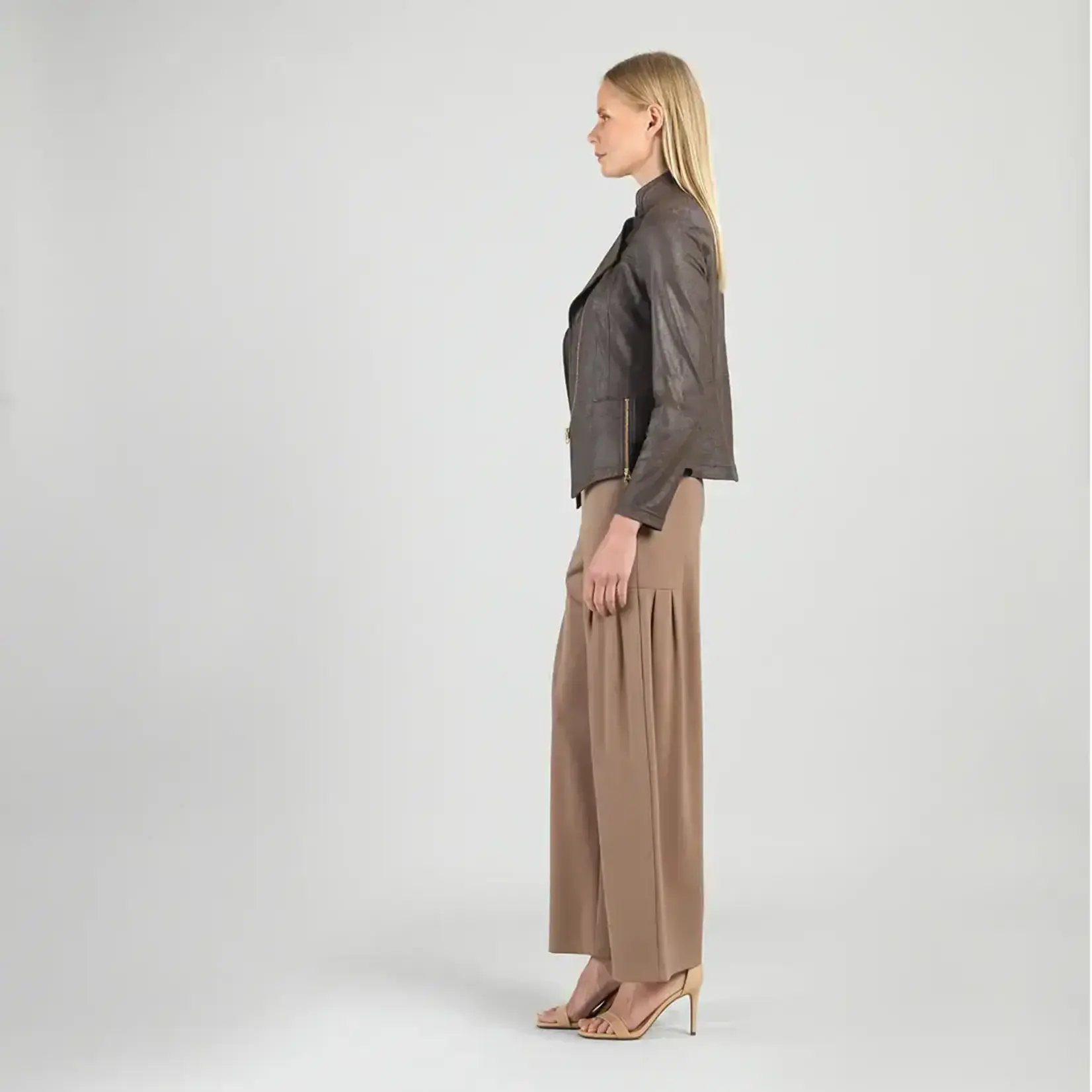 Clara Sunwoo Classic Liquid Leather Knit Jacket with Hem Zip Details in Brown