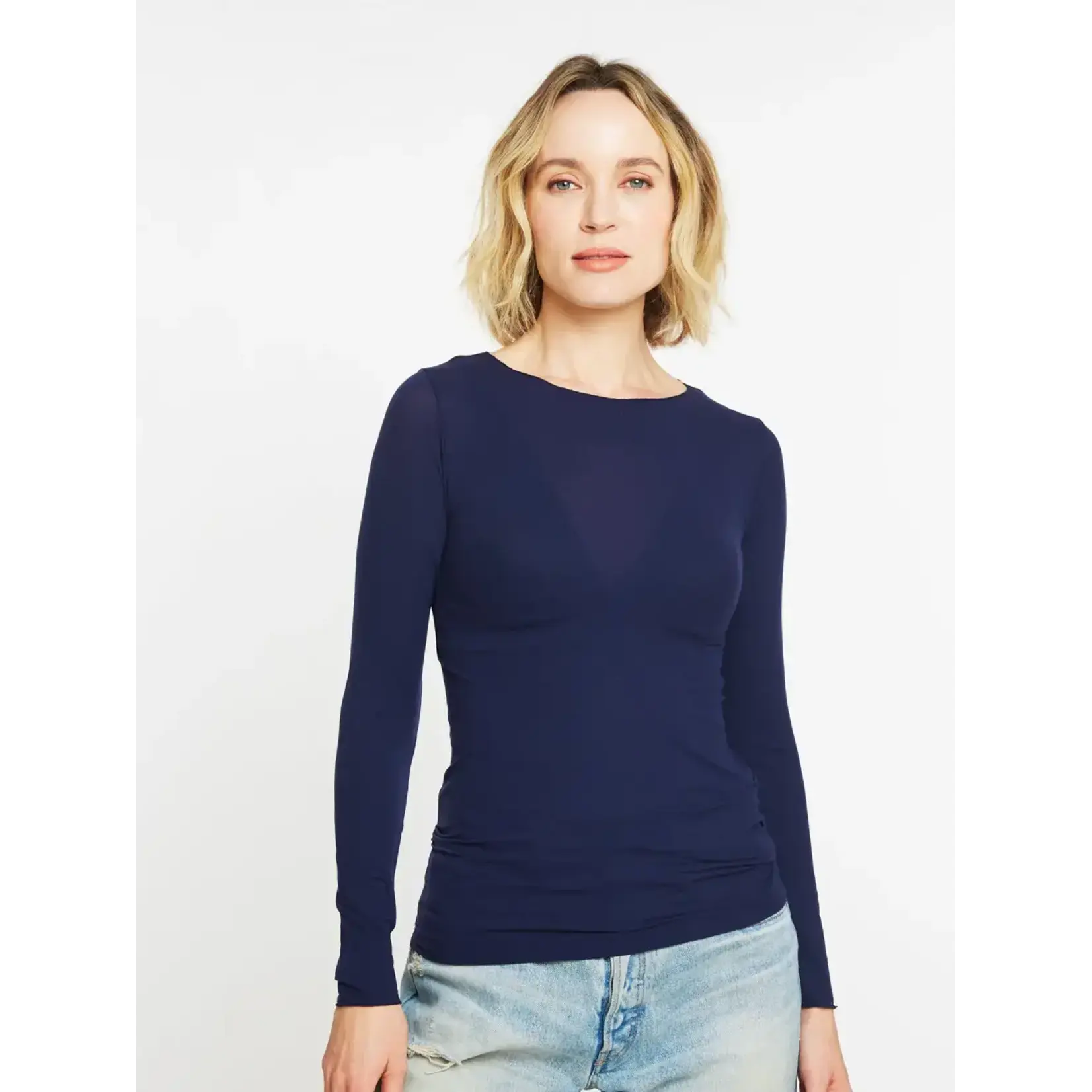 AMB Designs International Solid Raw Edge Second Skin Top  in Navy
