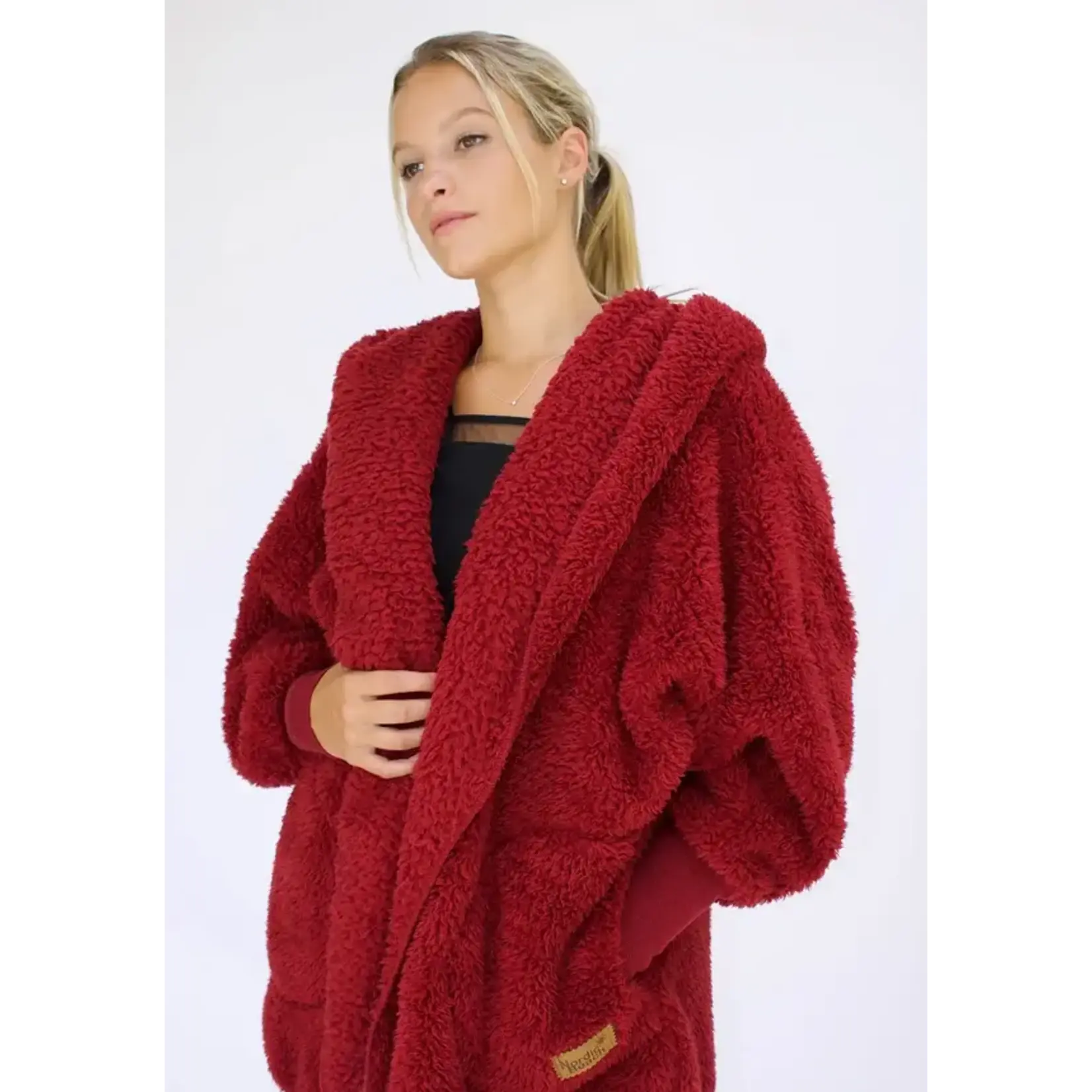 Nordic Beach Fuzzy Fleece Hooded Cardigan in Red Velvet