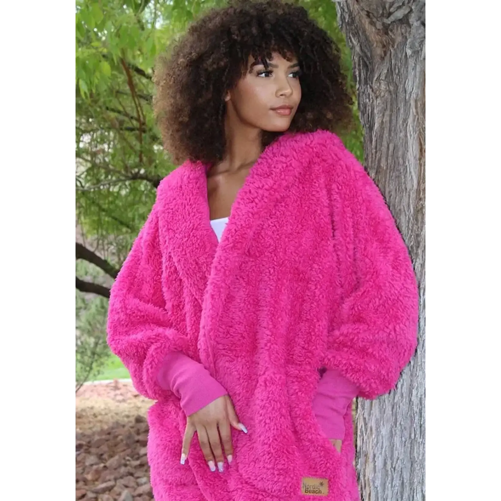 Fuzzy Fleece Hooded Cardigan in Fuschia Dream'n