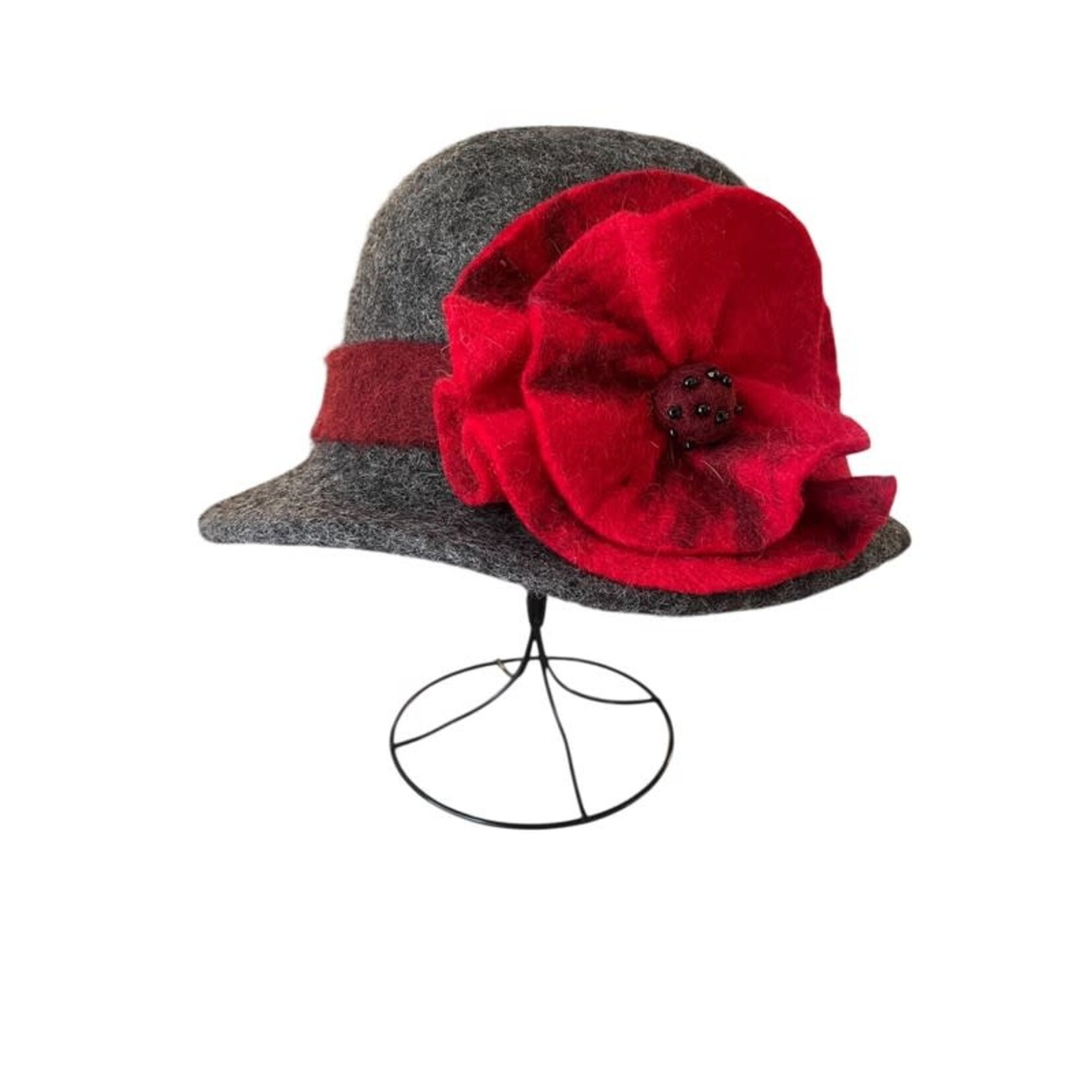 Grey Hat With Red Belt and Flower