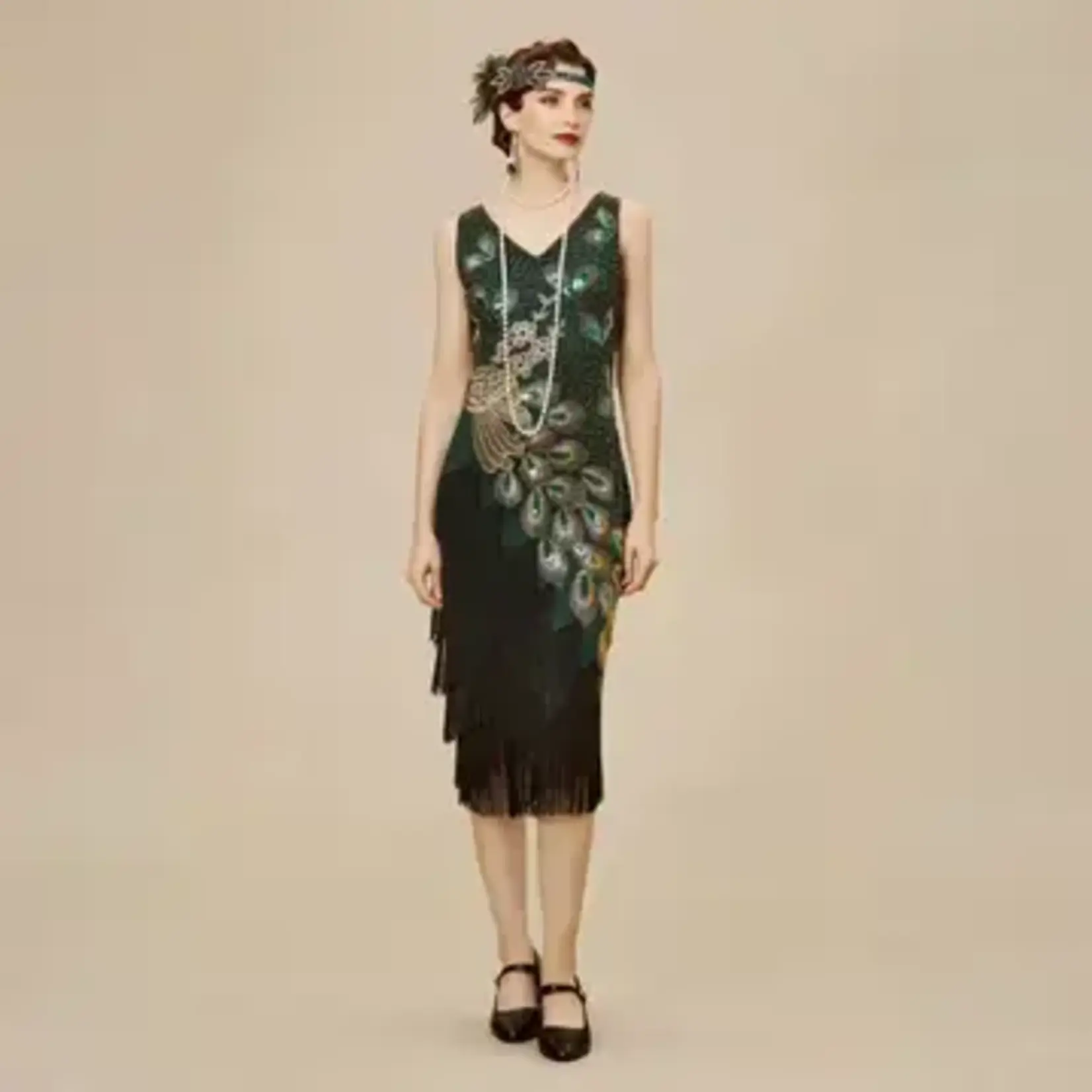 Babeyond Irregular Tassel Hem Peacock Dress in Pine Green/Light Gold