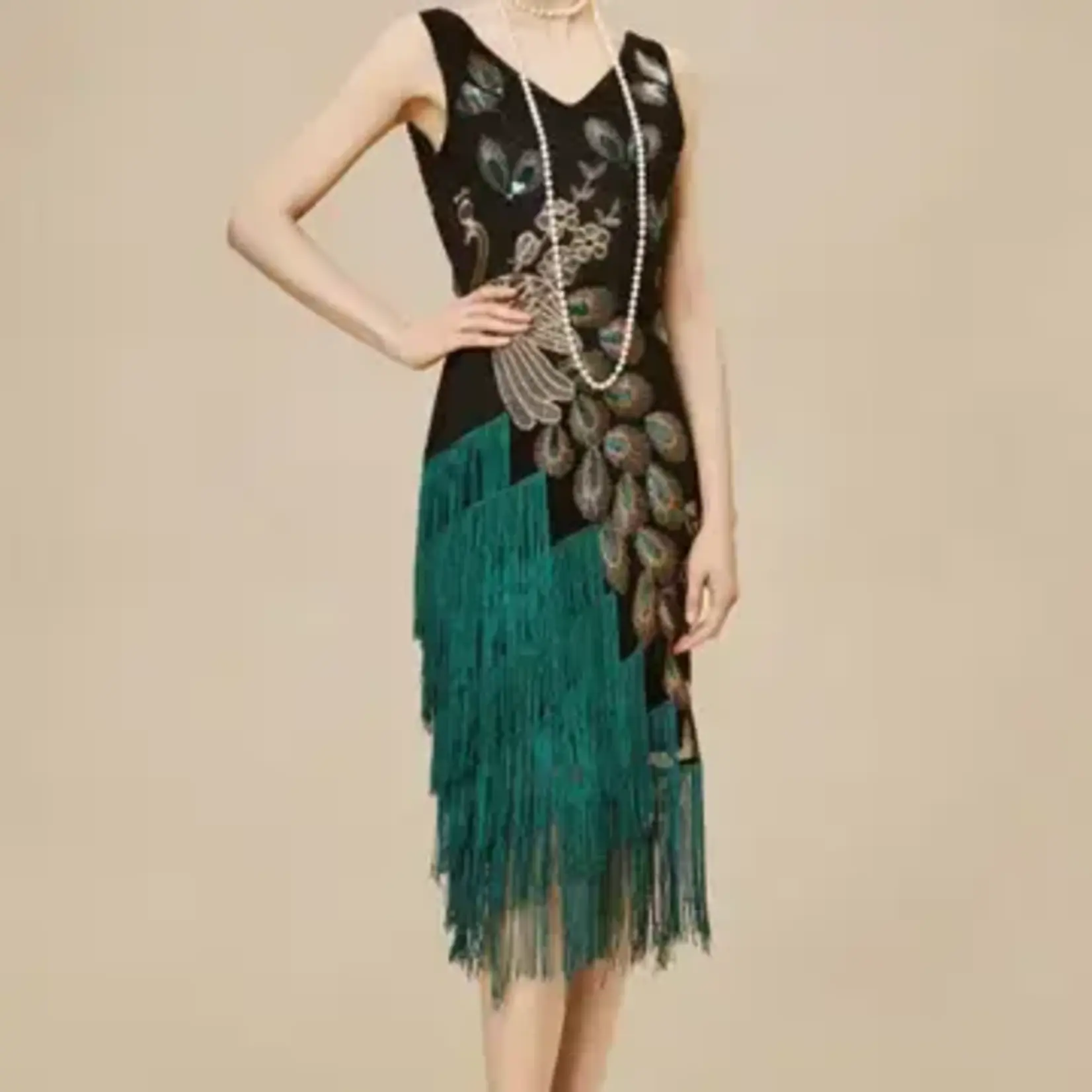 Babeyond Irregular Tassel Hem Peacock Dress in DRK Cyan/Black
