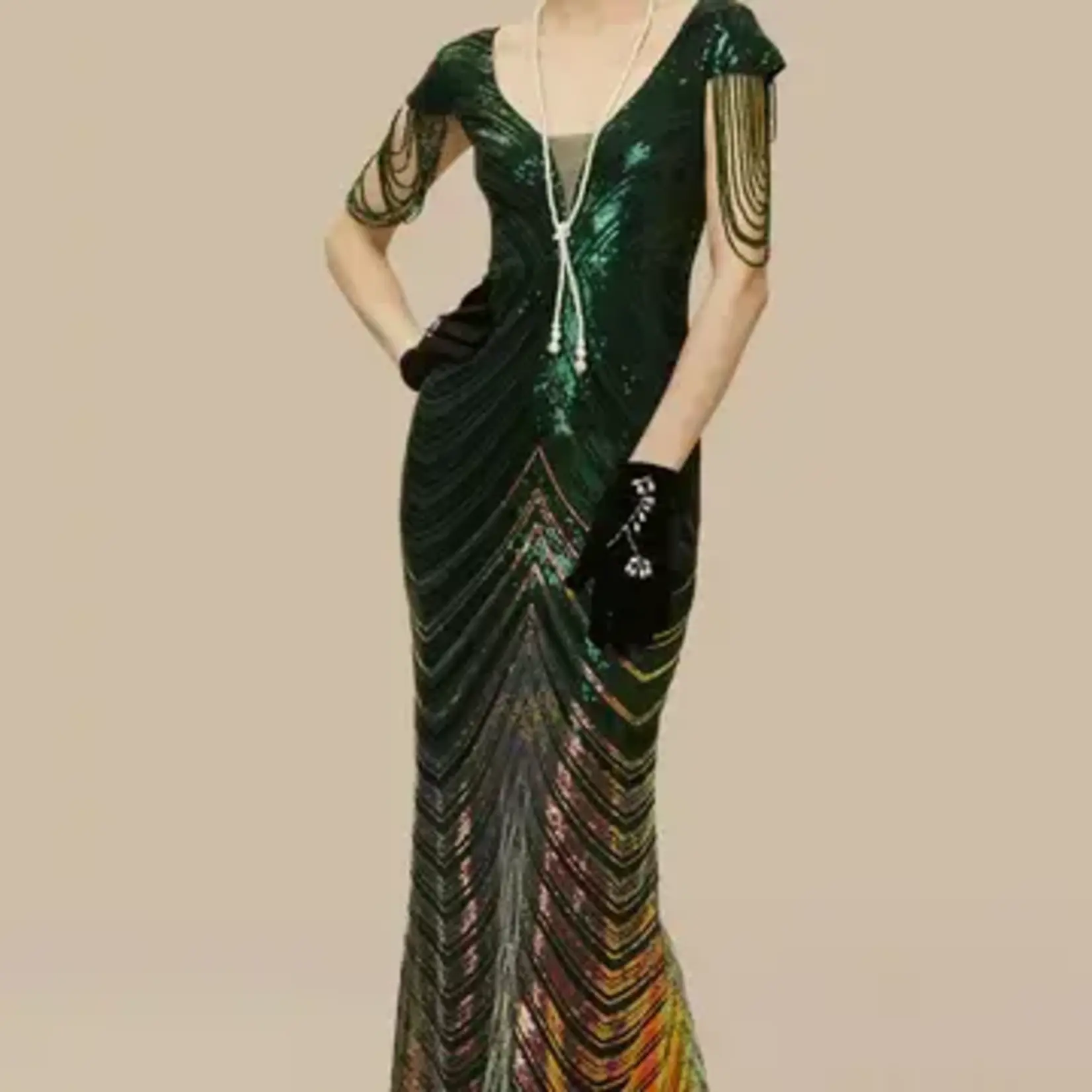 Babeyond Sheer Scoop Neck Iridescent Sequin Dress DRK Green/Gold