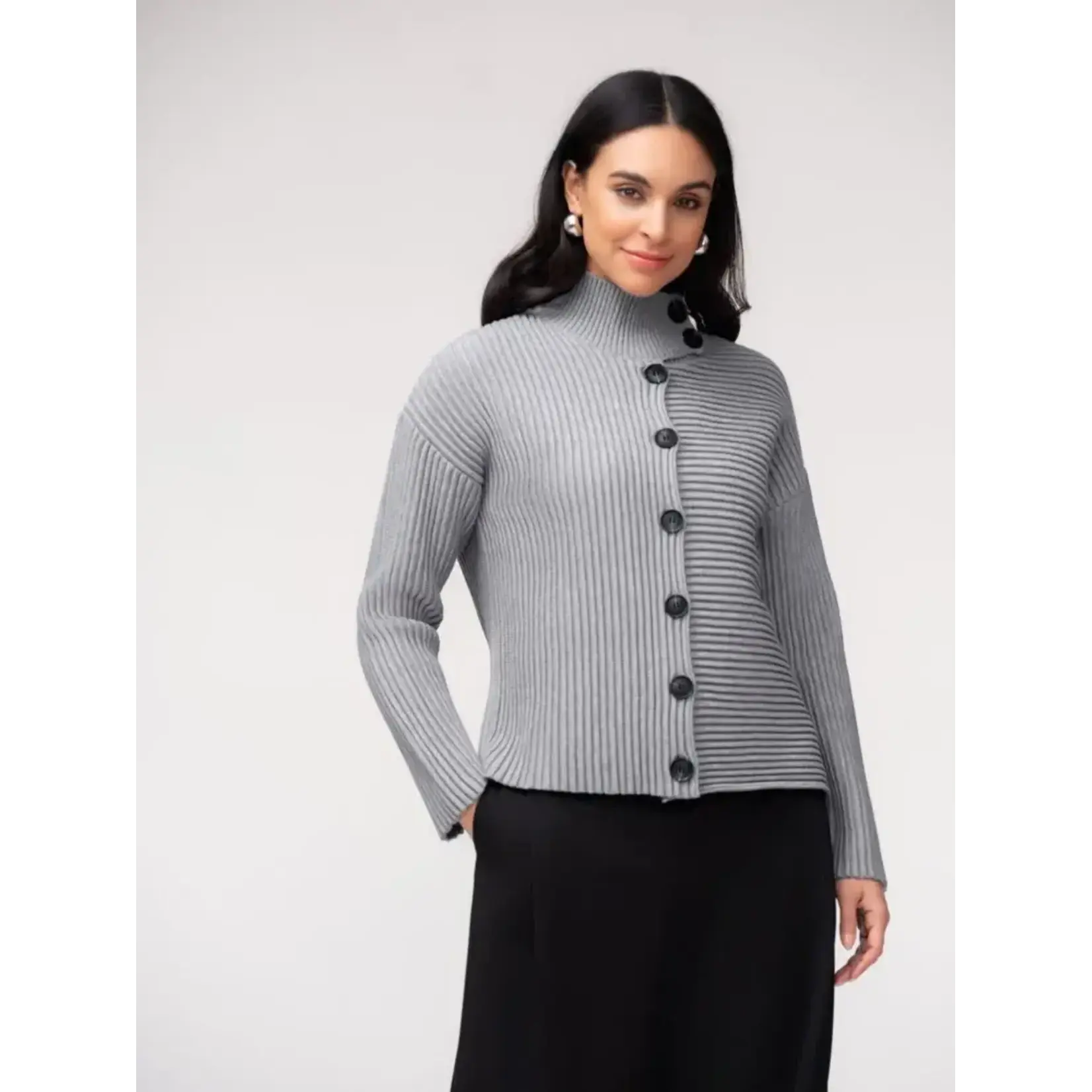Elena Wang Button-Front Mock Neck Cardigan-Grey