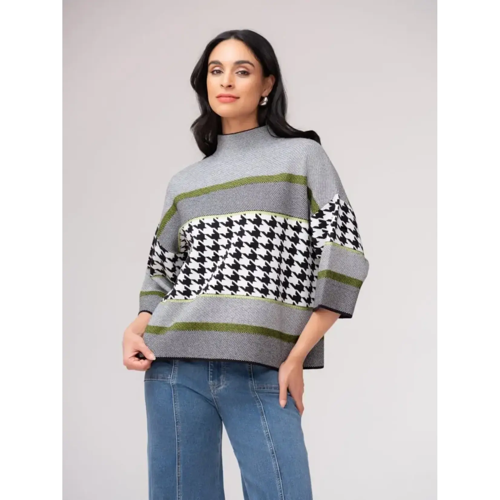 Elena Wang Houndstooth Striped Mock Neck Sweater-As sample